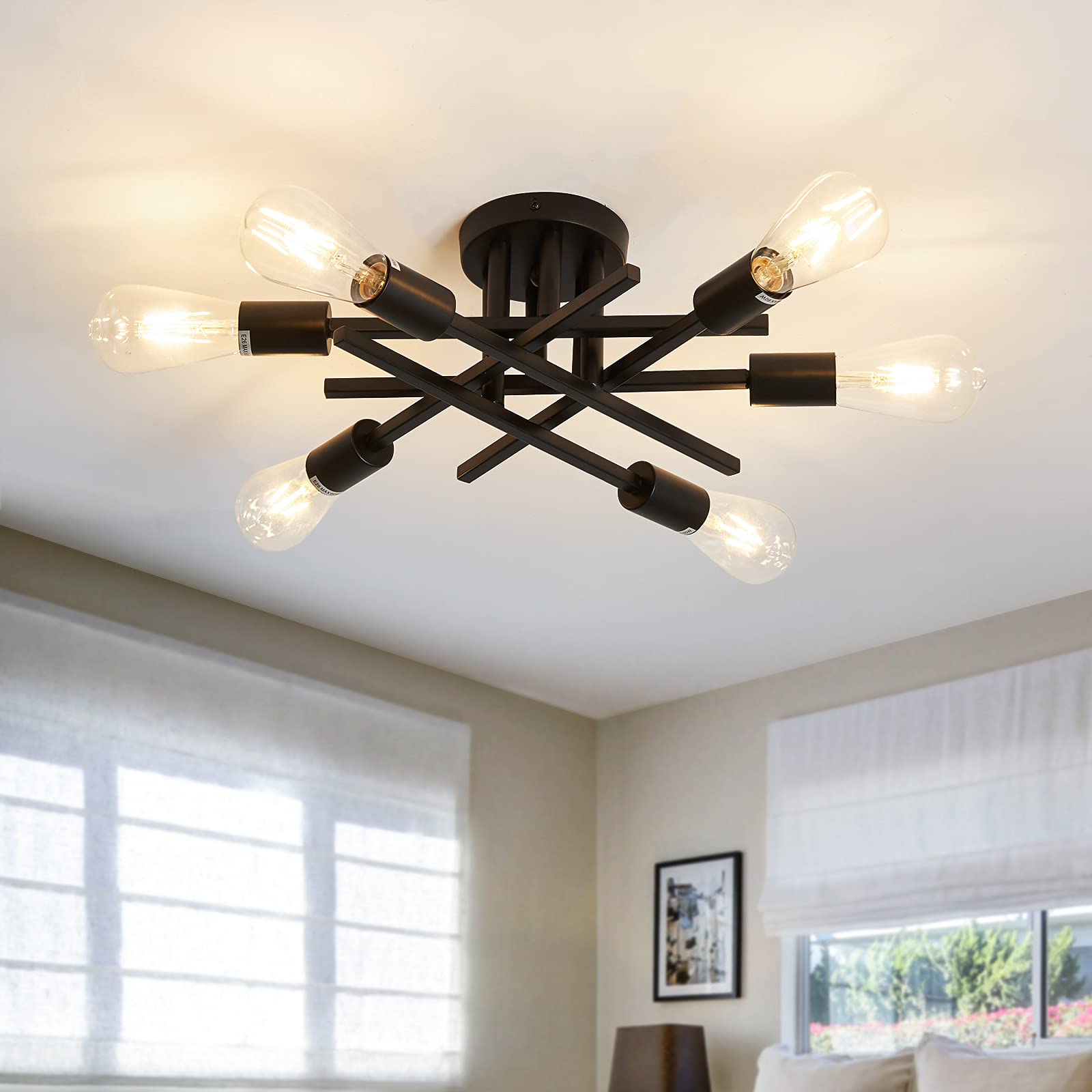 Adrinfly  Semi Flush Mount Modern Ceiling Light Fixture 6 Lights Black Vintage Matte Sputnik Chandelier Ceiling Lamp with E26 Bulb Base for