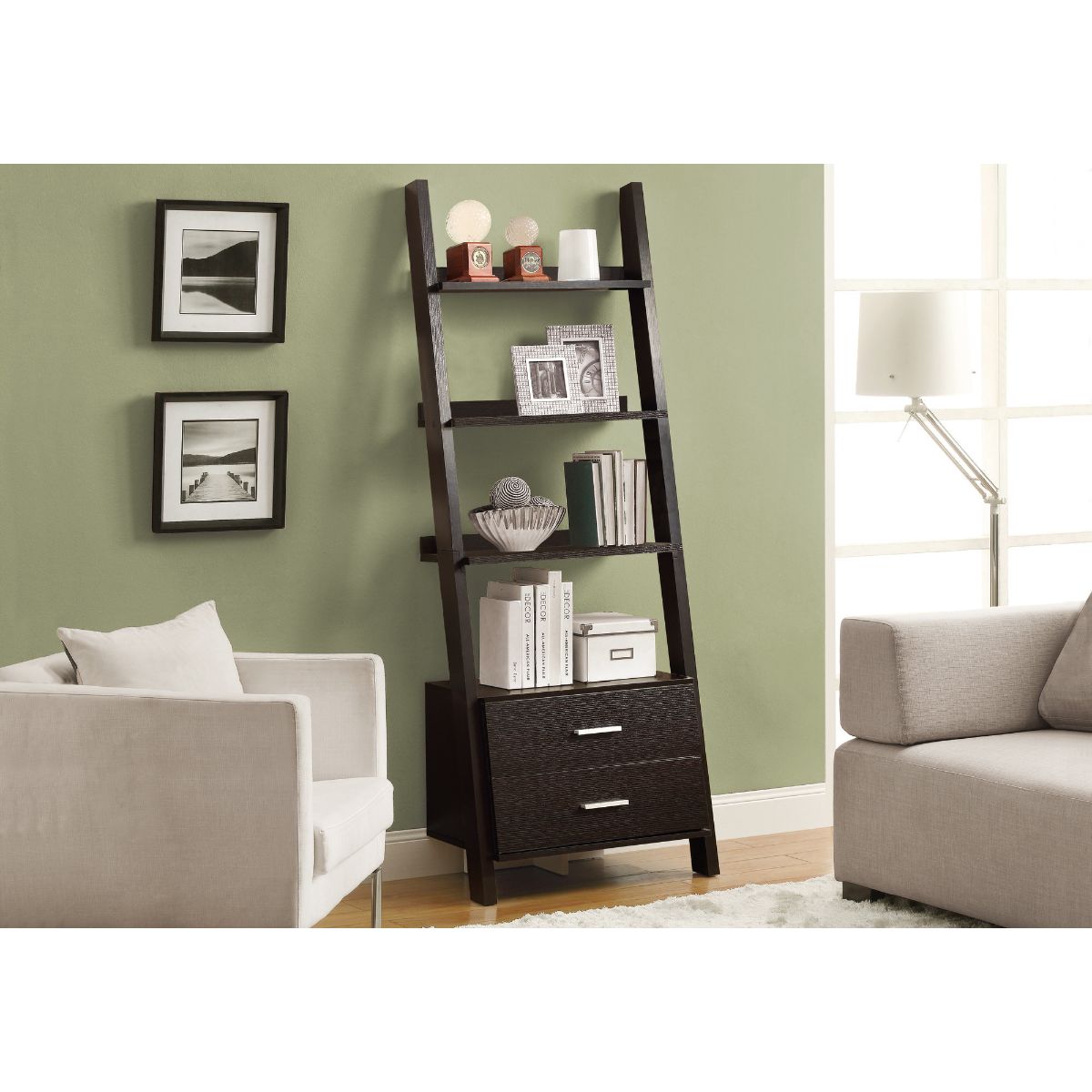 HomeRoots 332867 Jasmine Cappuccino Recycled Paperboard 4-Shelf Ladder Bookcase (16.75-in W x 69-in H x 25.5-in D)