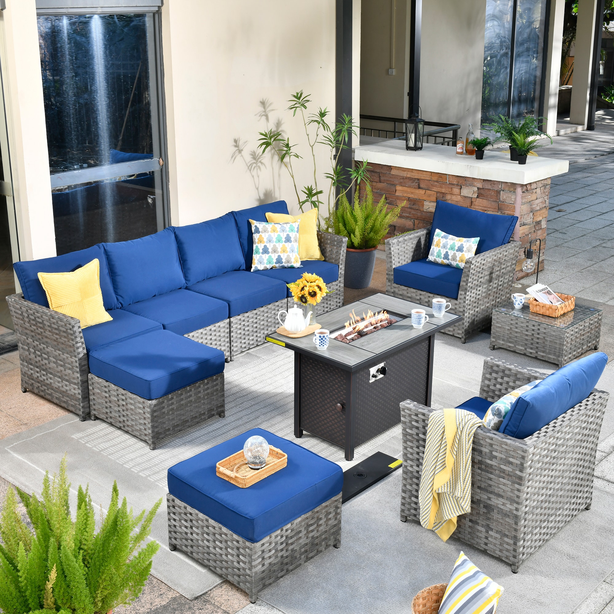 Pouuin SRFPRSA108 Wicker Outdoor Sectional with Navy Cushions and Wicker Frame