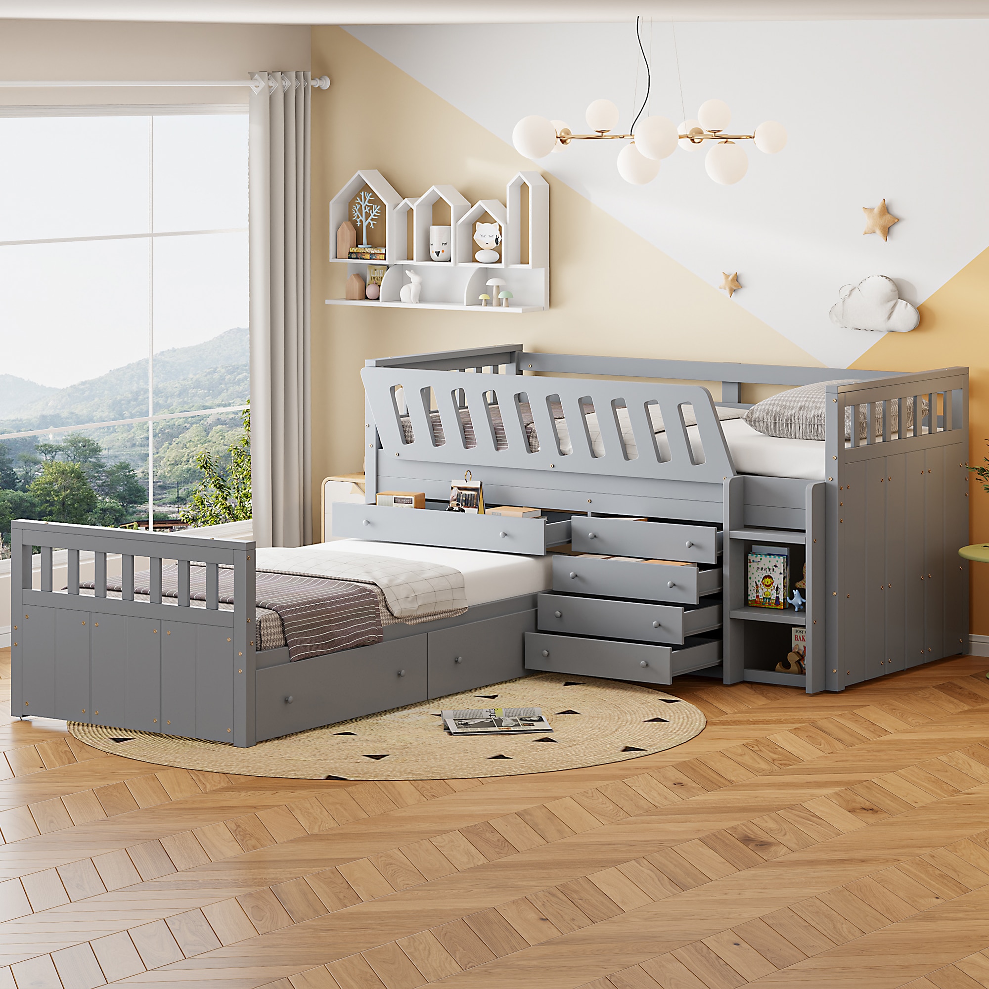 ModernLuxe LT000853AAE Lshaped  SpaceSaving Twin Loft and  Twin  Platform Bed with 7 Drawers and Full GuardrailsGRAY