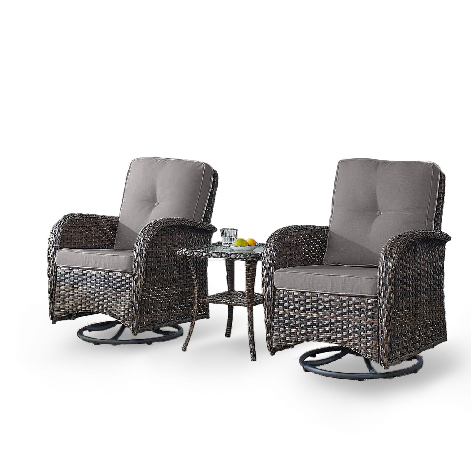 Rilyson FS085-3 New Juno Set of 2 Wicker Brown Wicker Frame Swivel glider Rocking Chair with Gray Gray Cushioned Seat