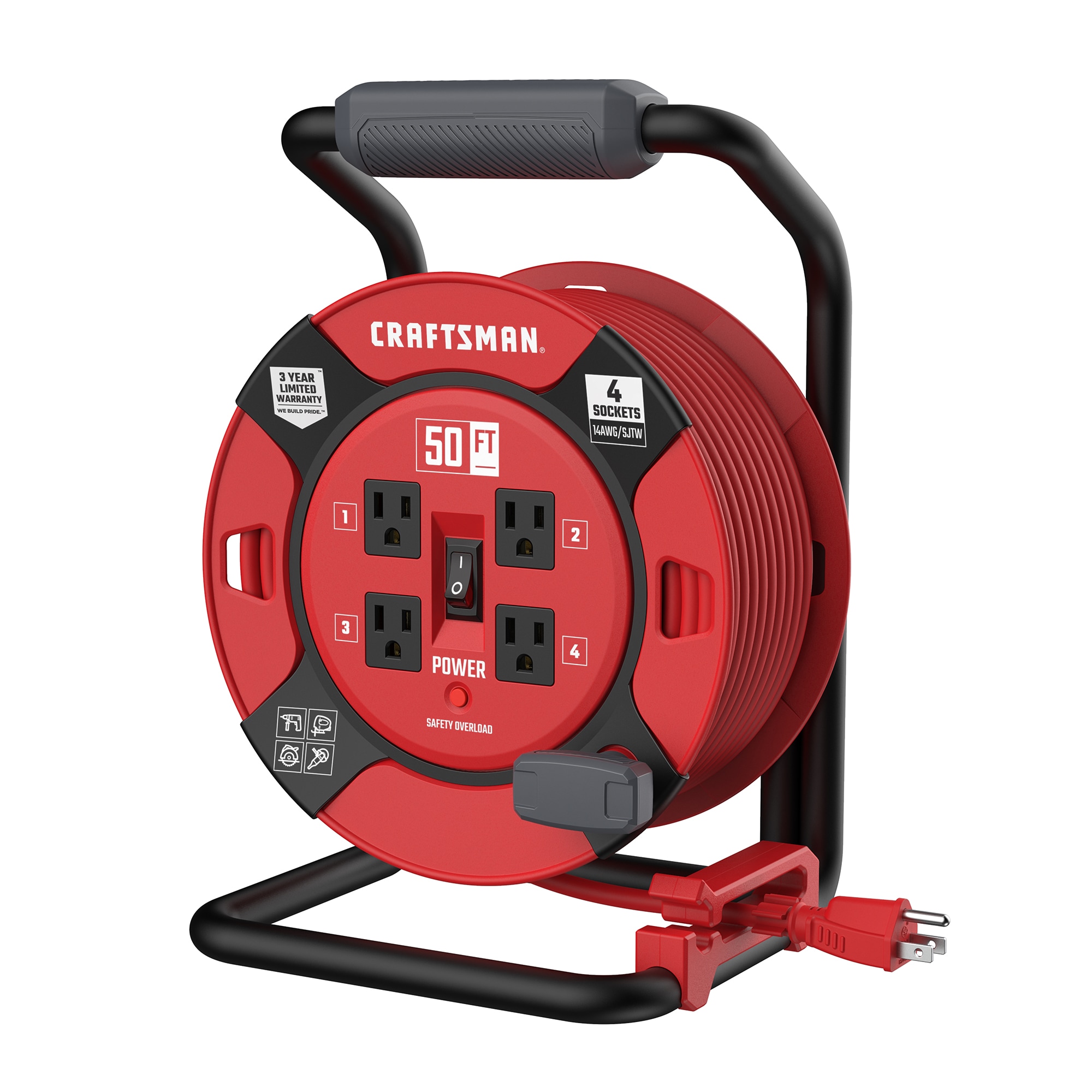 Craftsman Retractable Extension Cord Reel 50 ft. with 4 Outlets & Heavy Duty 14AWG SJTW Cable