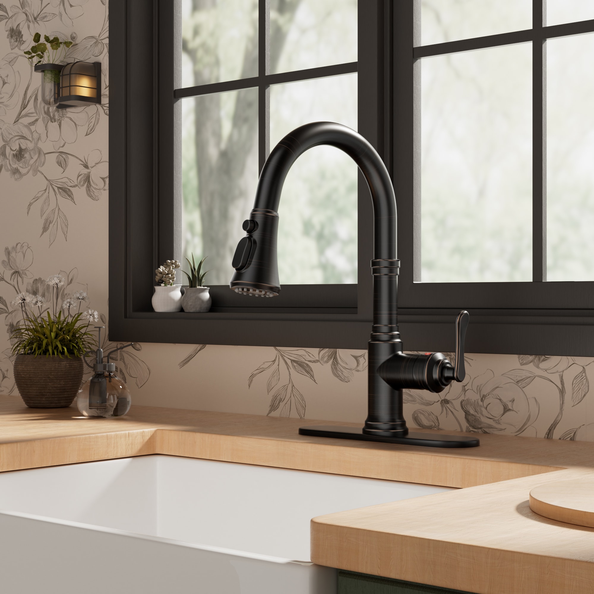 FURUISI LL5A1ORB Oil Rubbed Bronze Single Handle Deck-mount Kitchen Faucet with Sprayer ( Deck Plate Included )