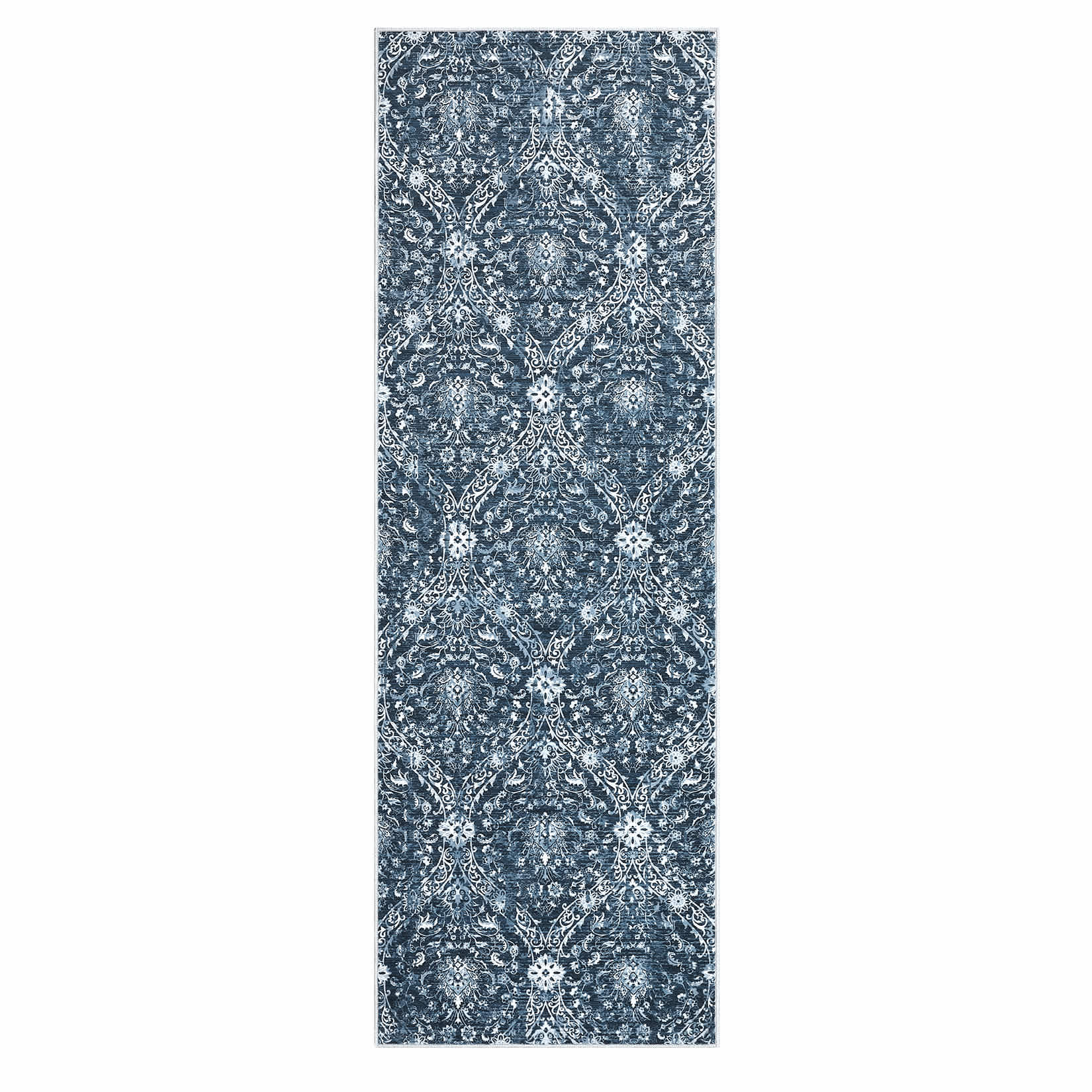 Qeetex LSN-PHO-16LU9SX5 2 x 6 ft Polyester Cashmere Blue Rectangular Hallway Bathroom Entryway Kitchen Office Foldable Flower Printed Damascus Washable Area Rug