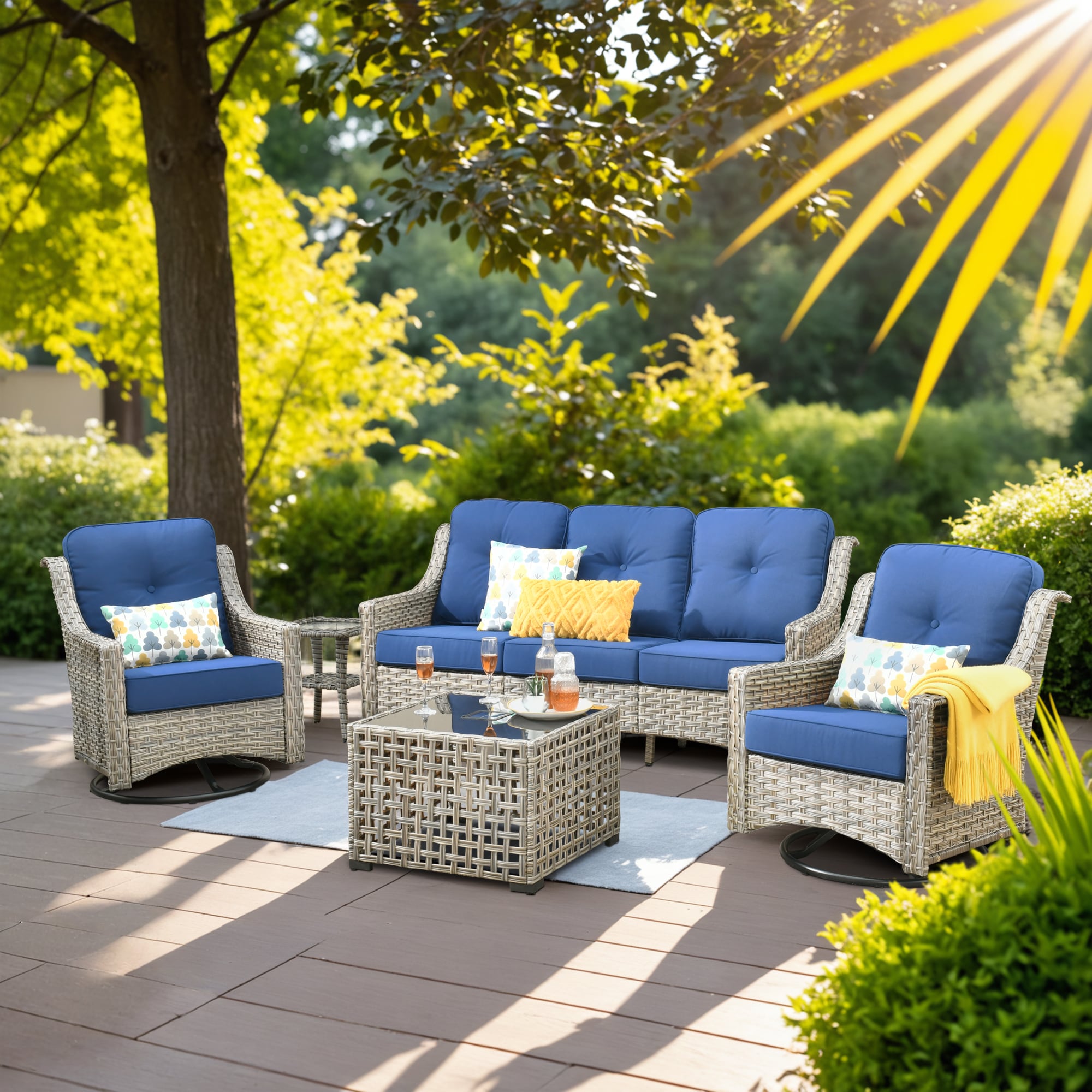 weaxty HMBYZPAD705-T Aireno 5-Piece Rattan Patio Sofa Conversation Set with Blue Cushions