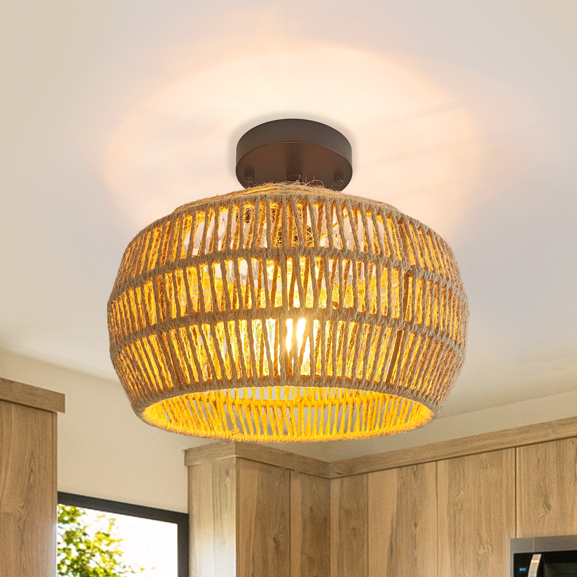 DAKAFUL 12 in. 1-Light Woven Hemp Rope Semi-Flush Mount Ceiling Light for Bedroom Entryway Nursery Study Room Bulb NOT Included
