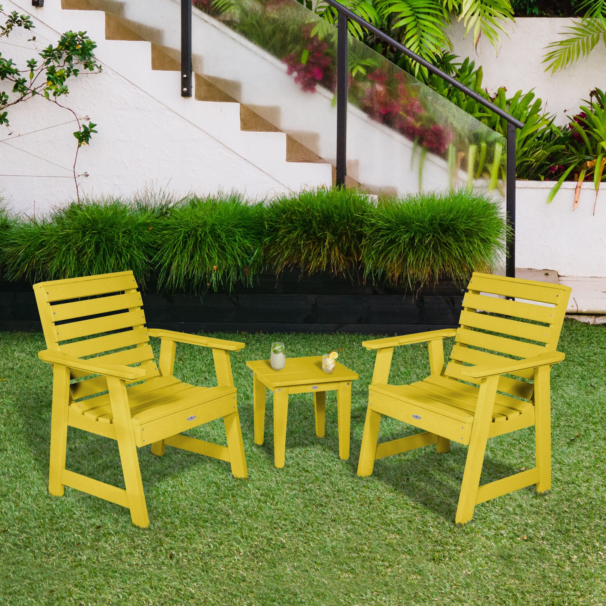 highwood BV-KT3CHGR101-SYE Riverside Set of 2 Sunbeam Yellow HDPE Frame Stationary Conversation Chair with Slat Seat