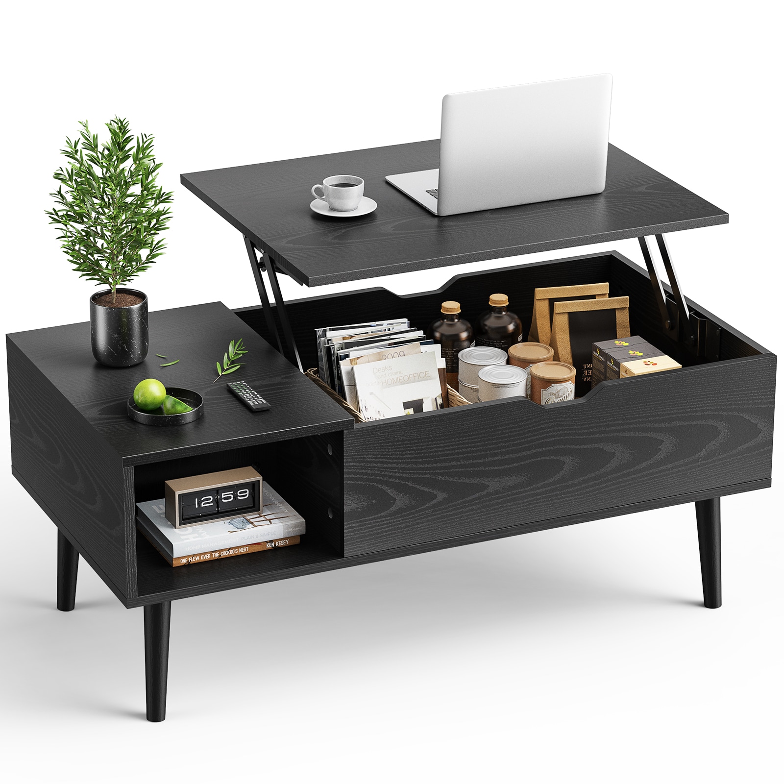 Flynama L-307975AAB Black Wood Modern Coffee Table with Storage