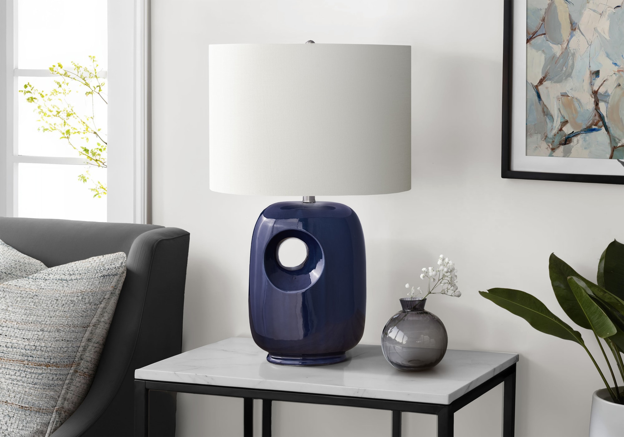 JUSHUA Lighting 26-inch H Table Lamp Blue Ceramic Ivory Cream Shade Contemporary Modern