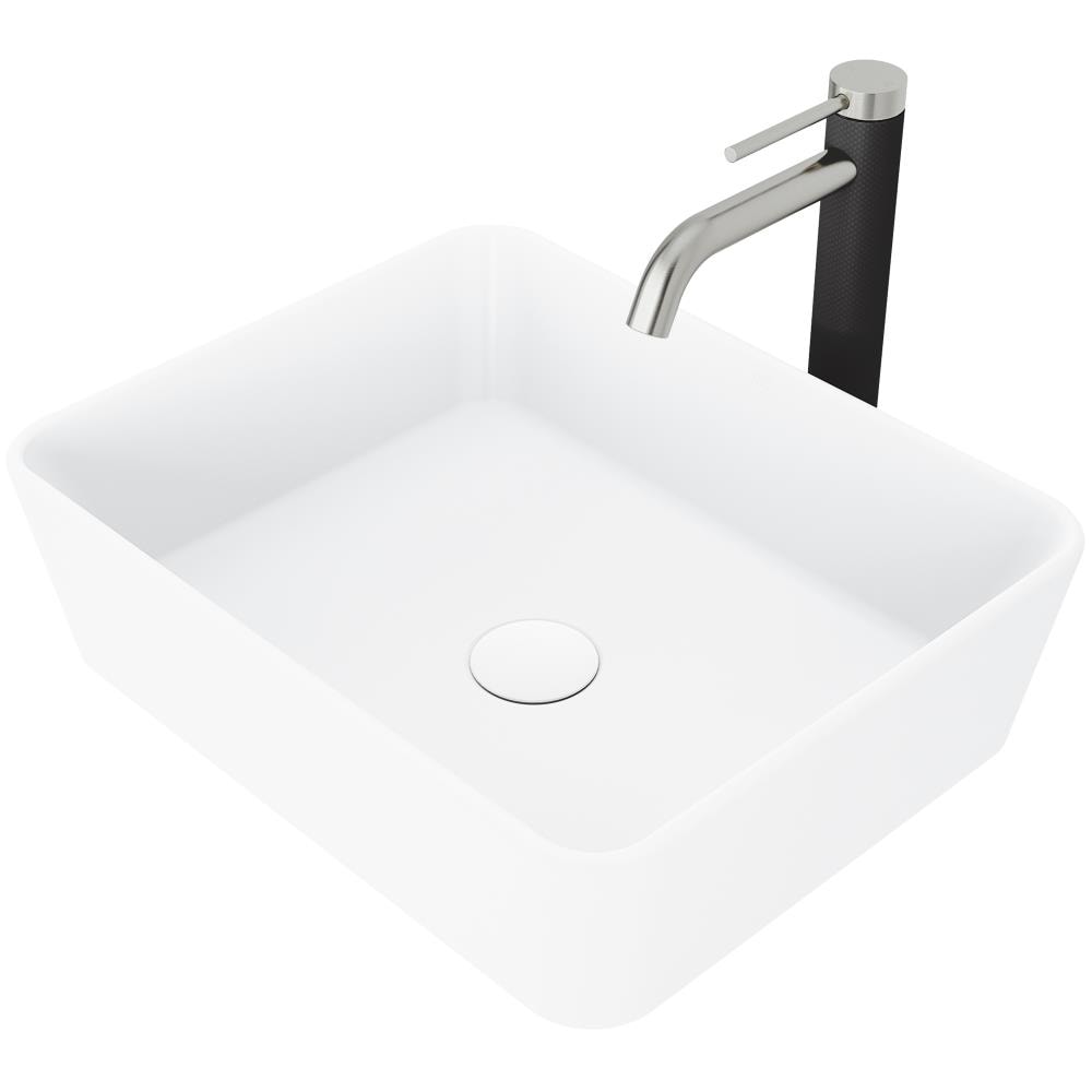 VIGO VGT1446 Marigold Matte White Matte Stone Vessel Rectangular Bathroom Sink with Faucet Drain Included (17.75-in x 14.375-in)