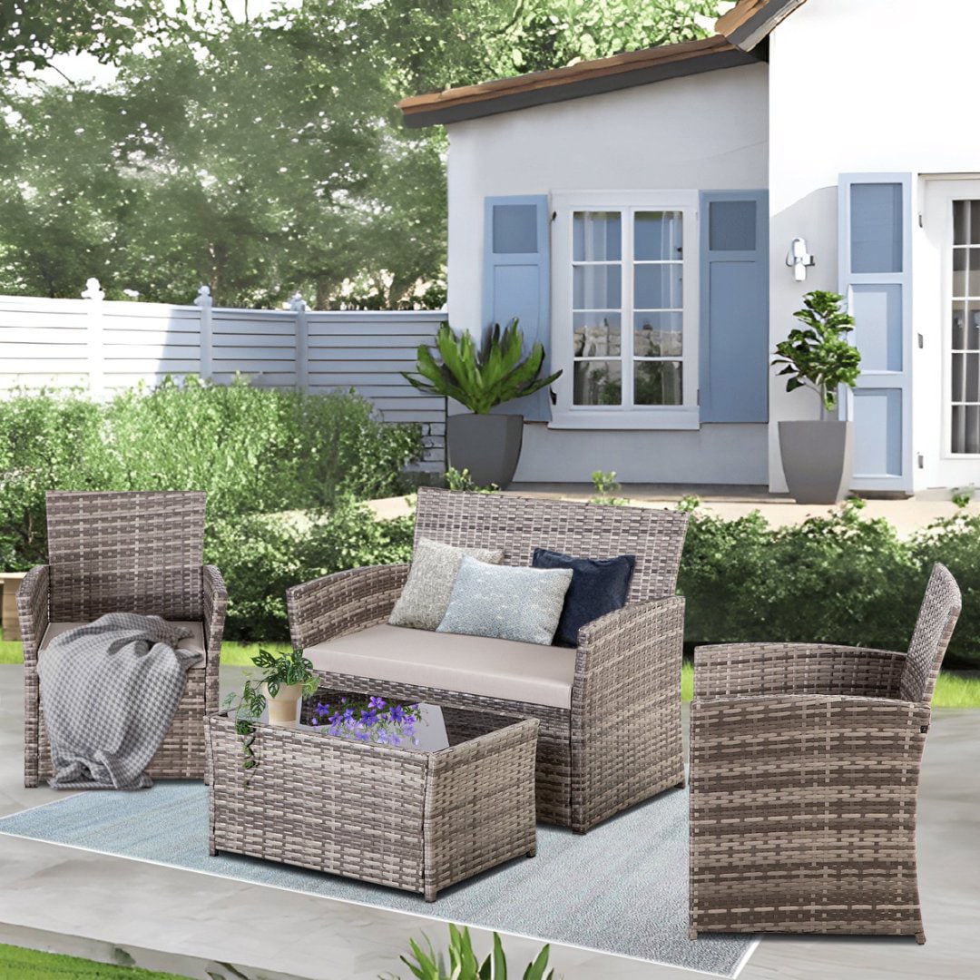 EarlGrove DJ-MZ4003 4 -Piece Wicker Patio Conversation Set with Gray Cushions
