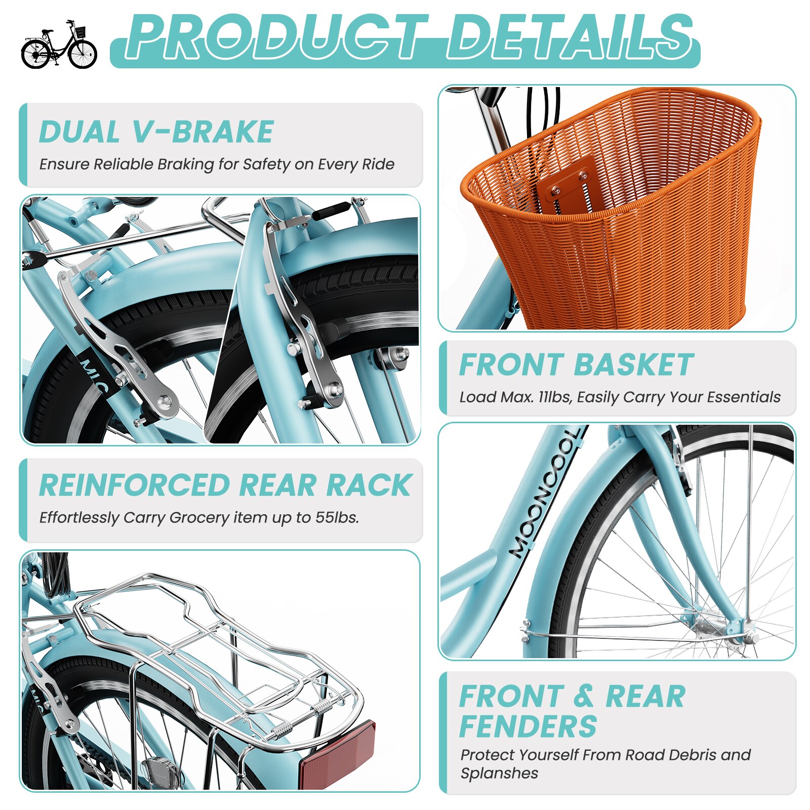 MOONCOOL 26 inch 7 Speed Beach Cruiser Bikes with Front Basket