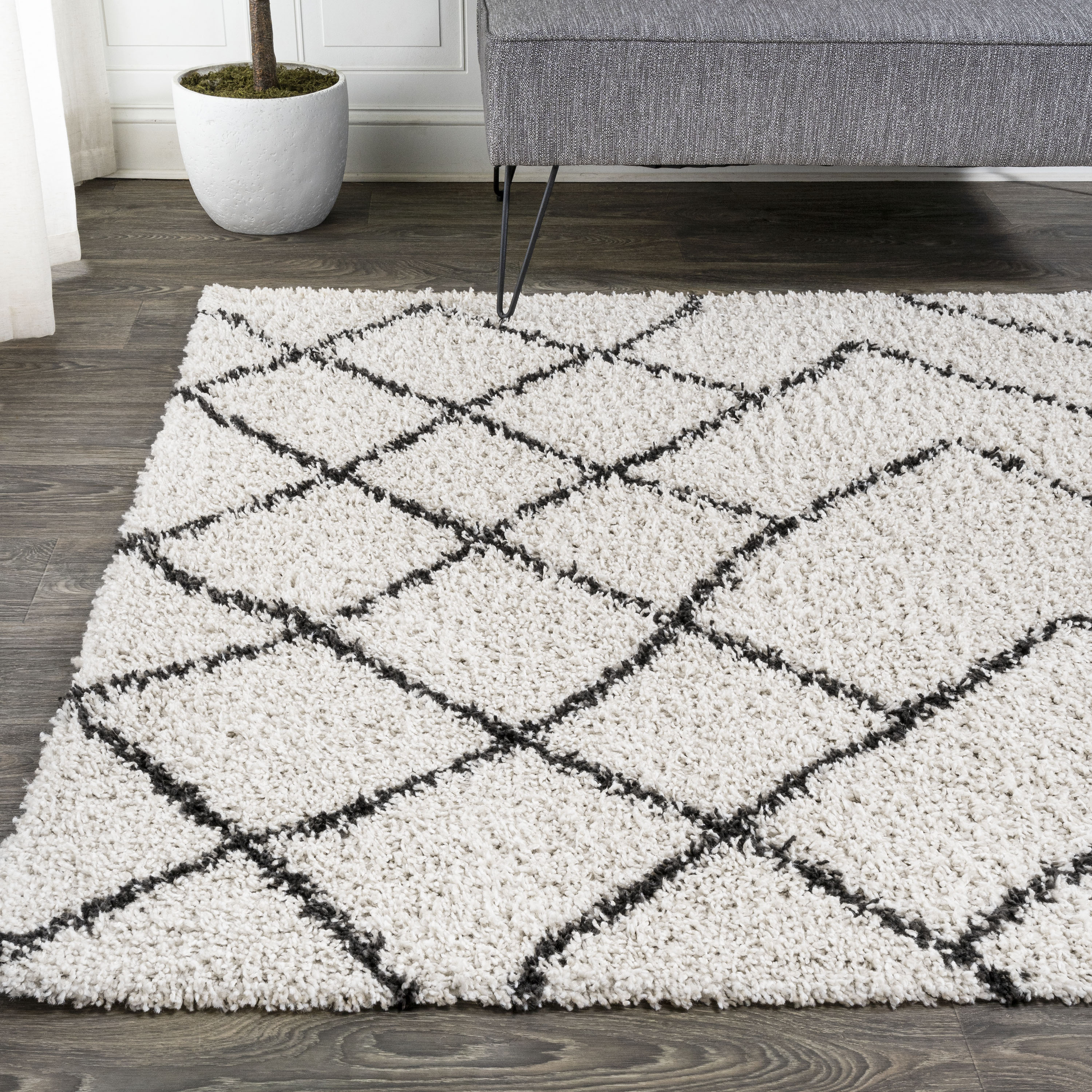 Vintage Moroccan Diamond Shag 8' x 10' Area Rug in Gray and Ivory