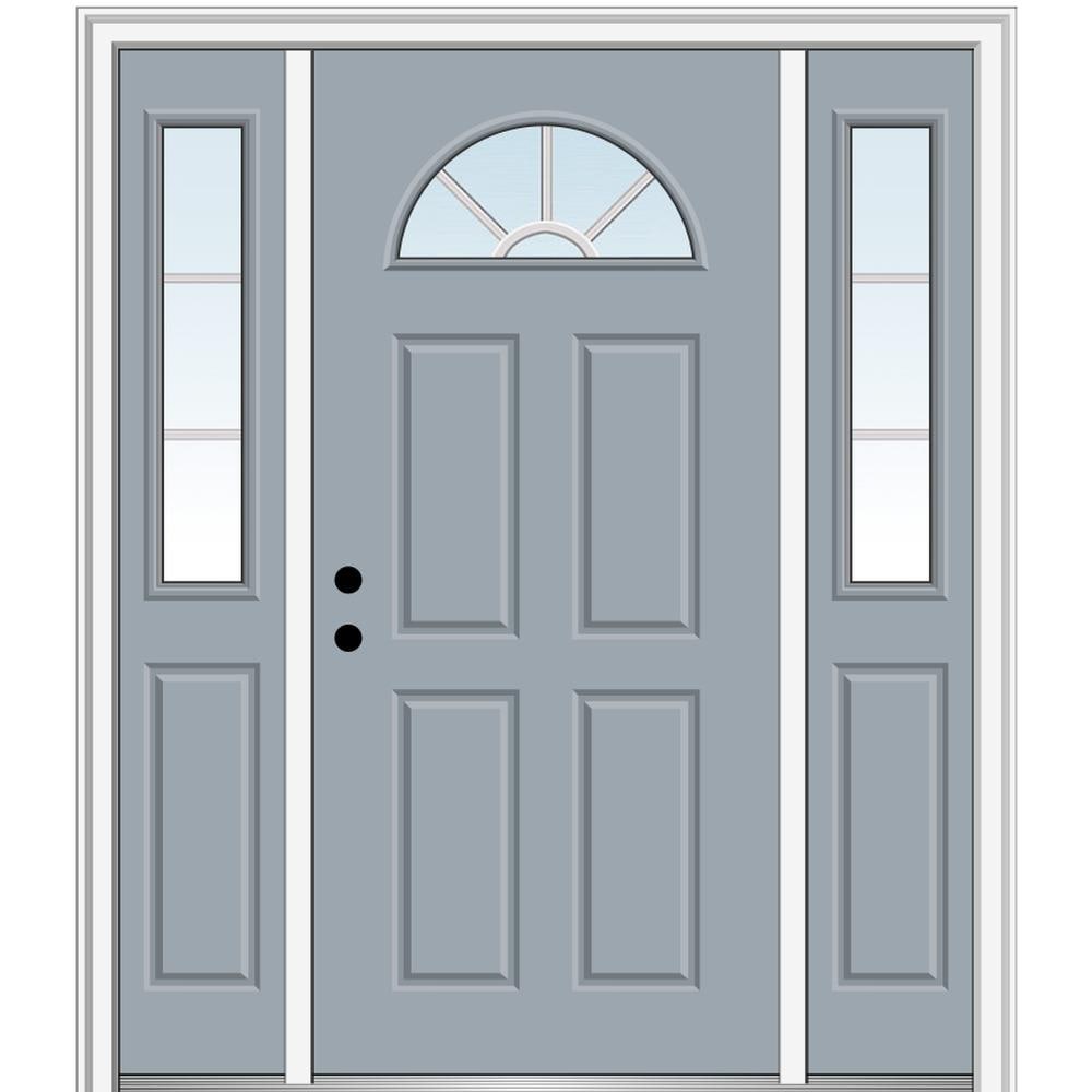 MMI DOOR ZZ13422R 64-in x 80-in x 4-9/16-in Fiberglass 1/4 lite Right-hand inswing Storm Cloud Painted Prehung Front Door with Sidelights with Brickmould Insulating core with Grilles
