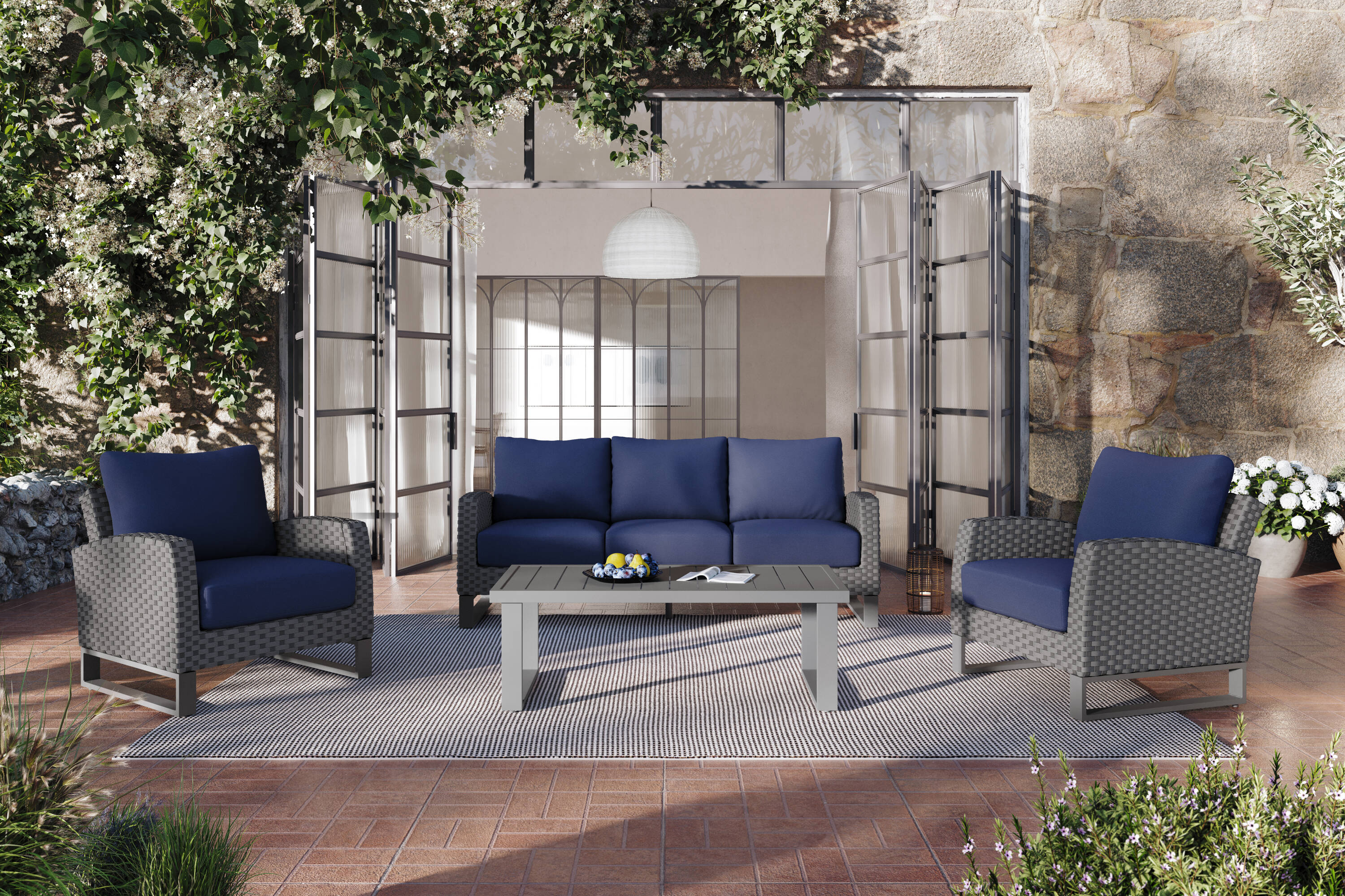 MANHATTAN SQUARE 60-801C-4P Fiji 4-Piece Wicker Patio Sofa Conversation Set with Blue Cushions