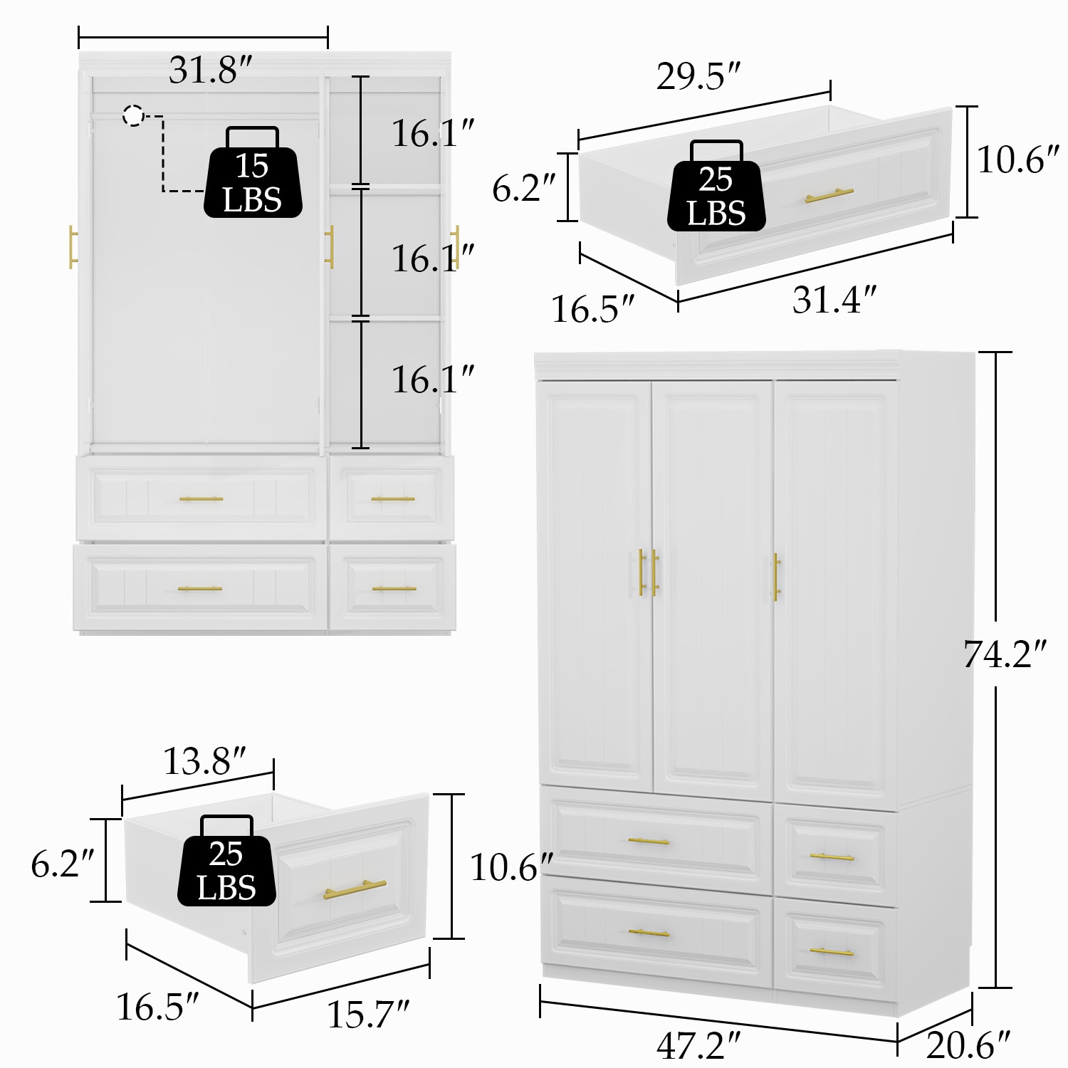 FUFU&GAGA Contemporary 3-Door Wardrobe Closet with 4 Drawers and Multiple  Storage Spaces - White Finish, Metal Slide Rails in the Armoires department  at