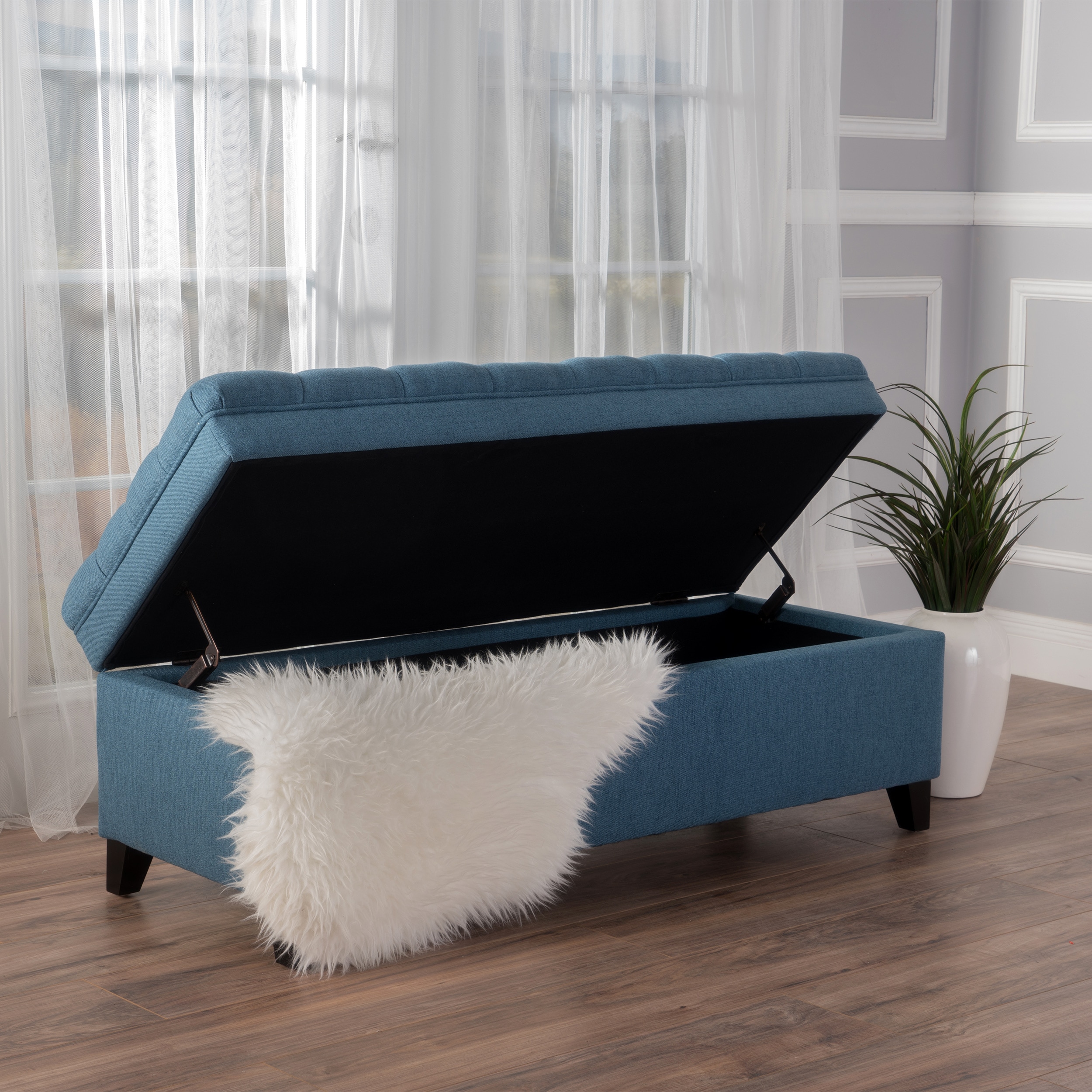 Juliana Oversized Blue Tufted Storage Ottoman Bench