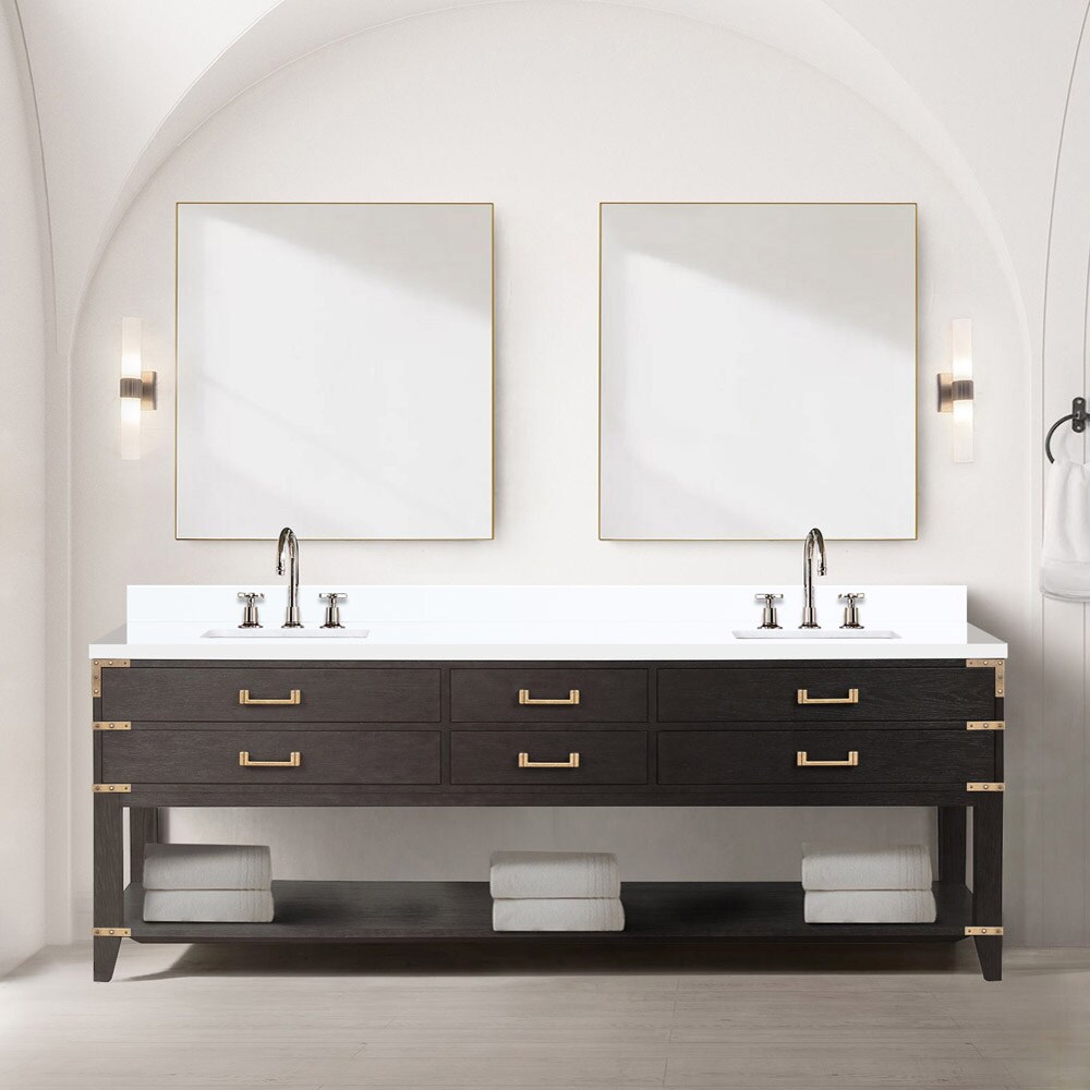 Lexora LVGR84DK211 Greenberg 84-in Brown Oak Undermount Double Sink Bathroom Vanity with White Quartz Top (Mirror and Faucet Included)