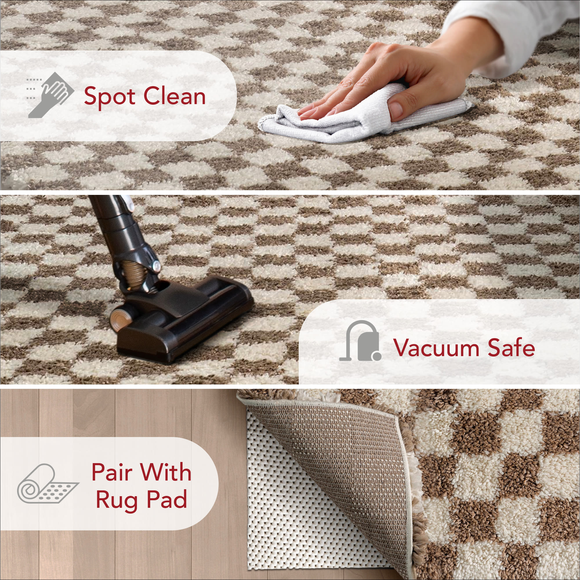 Beige and Brown Checkered Shag Synthetic Area Rug 6' x 9'