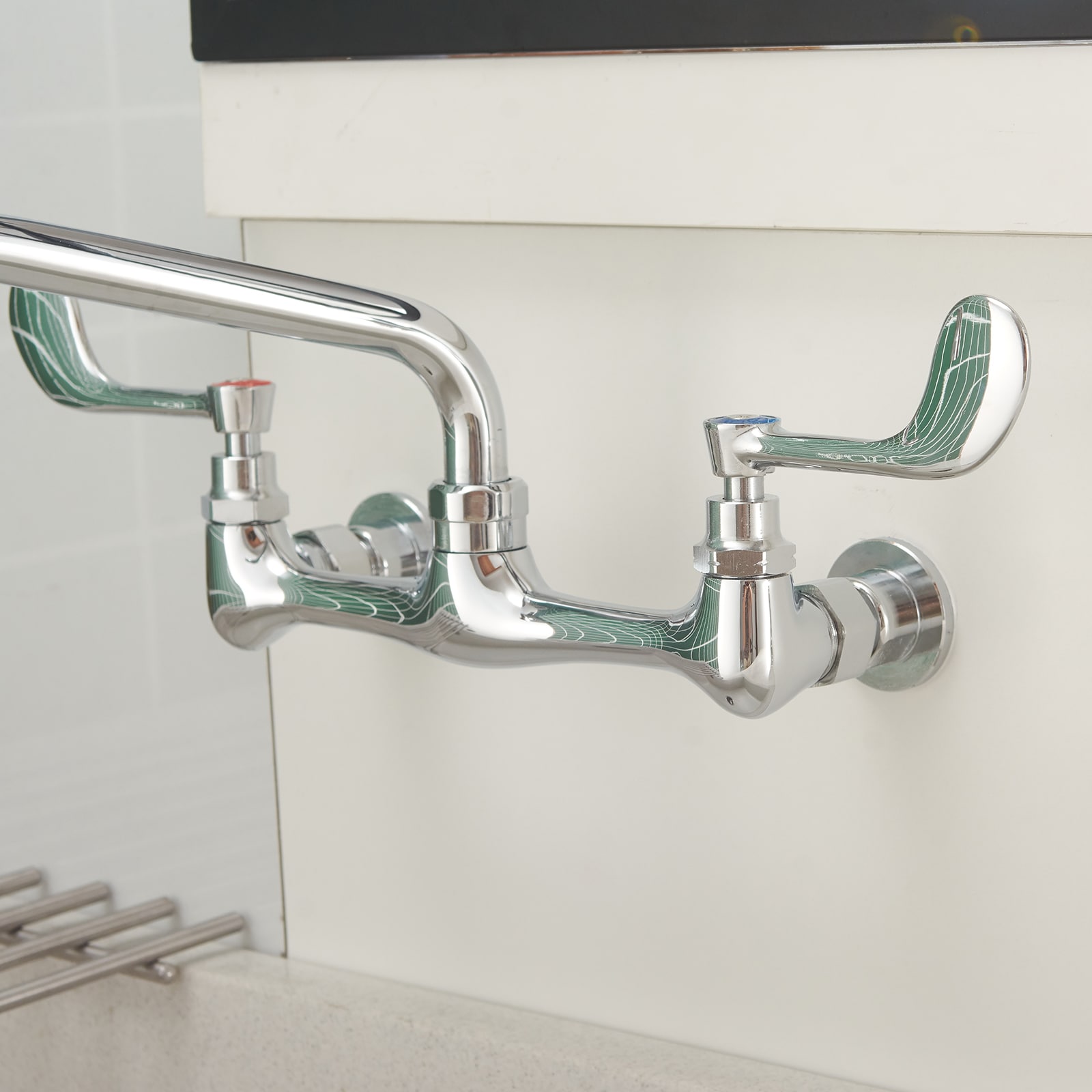 Polished Chrome Double Handle Wall Mount Kitchen Faucet