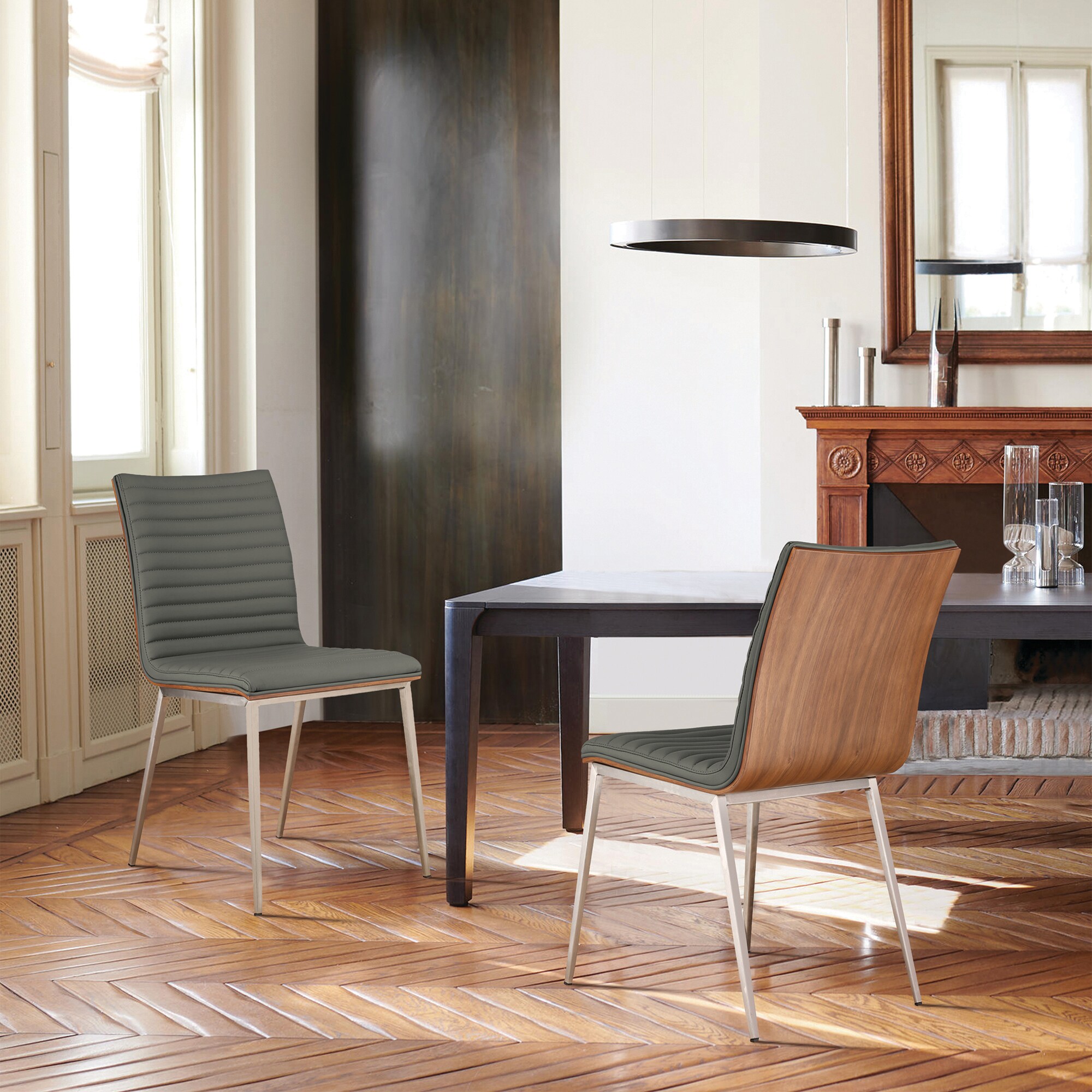 Gray Faux Leather Upholstered Side Chair with Walnut Back and Metal Legs