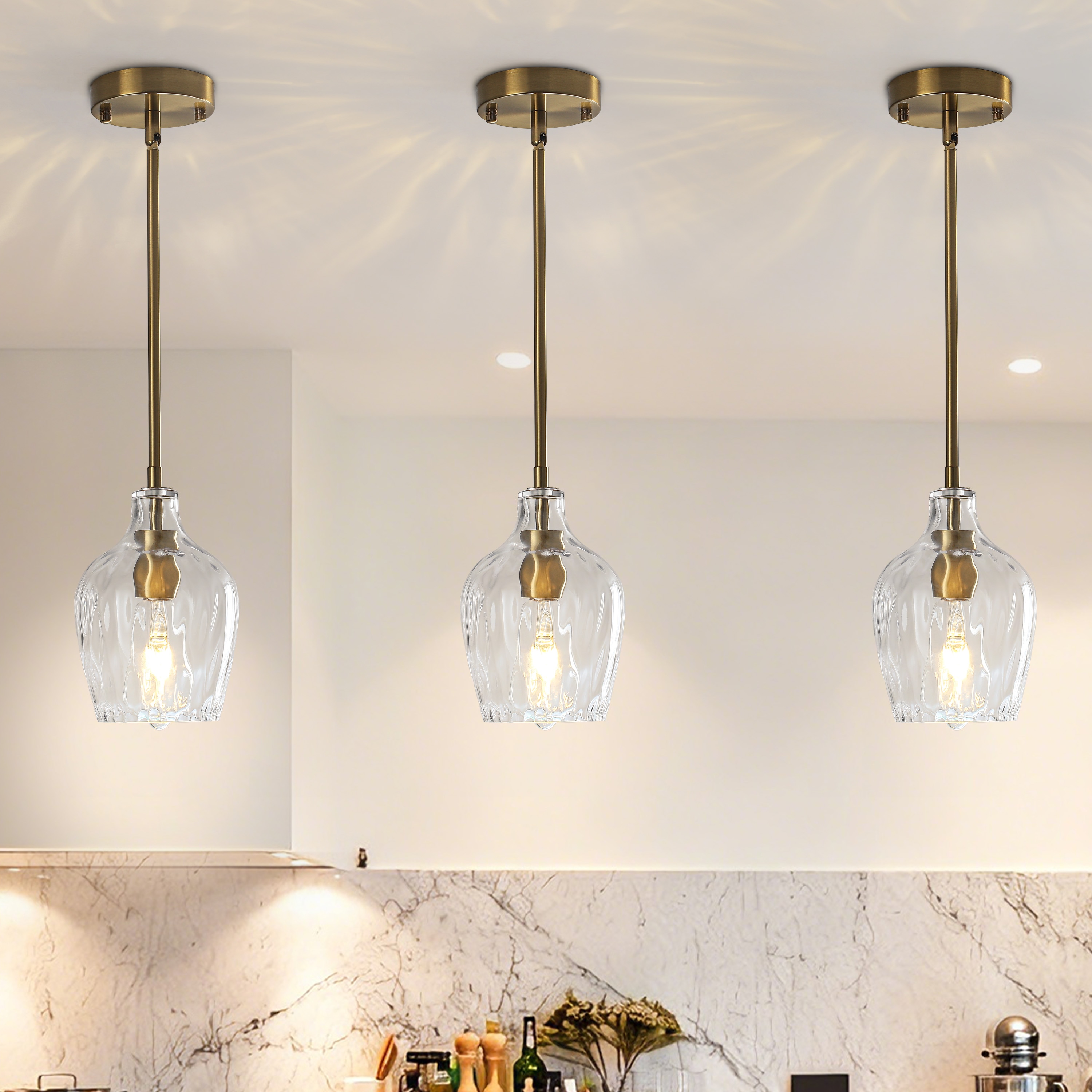 Kirahee 1-Light Brass  Water Ripple Clear Glass Pendant Lights -3 Pack