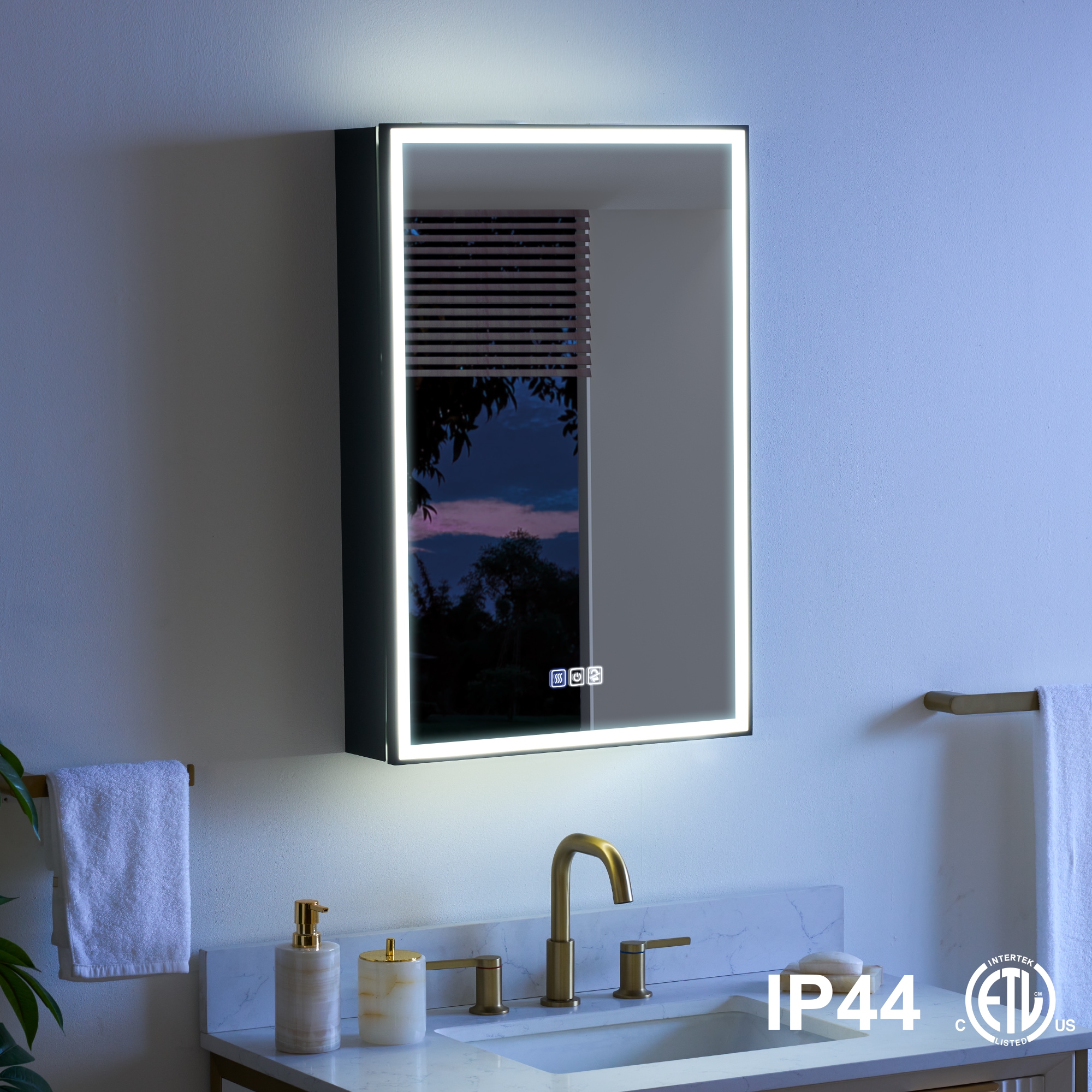 WELLFOR W12MCL2030L AYLA LED Lighted Medicine Cabinet 20-in x 30-in Lighted LED Fog Free Surface/Recessed Mount Black Rectangle Soft Close Medicine Cabinet with Outlet