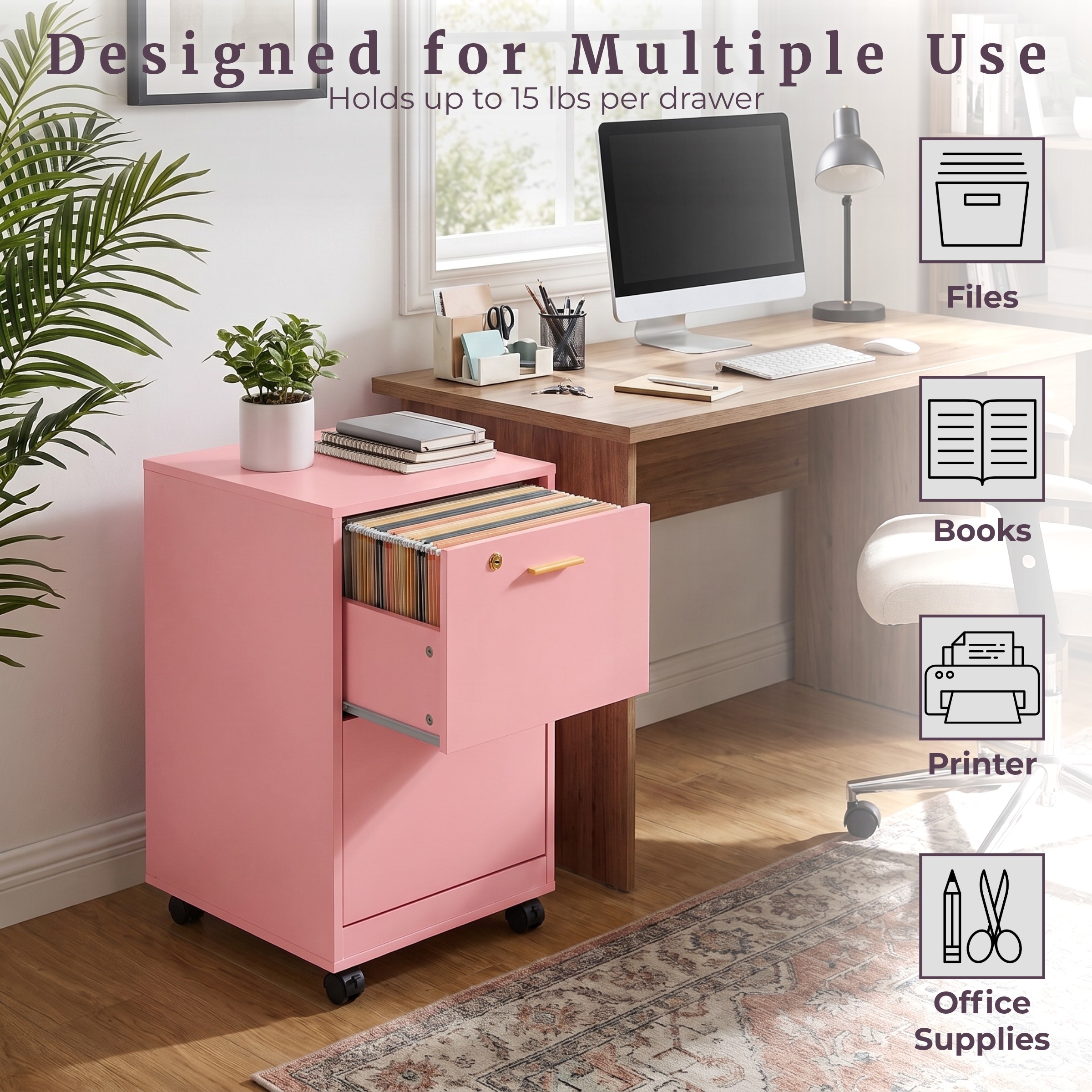 Lavish Home 2 Drawer File Cabinet - Rolling Filing Cabinet with Lock ...