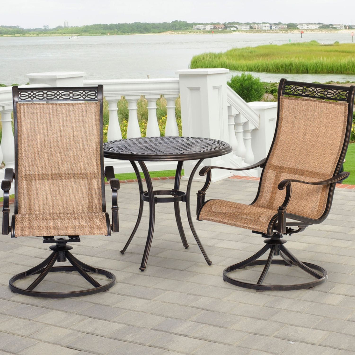 Hanover MANDN3PCSW-BS Manor 3 -Piece Bronze Bistro Patio Dining Set Aluminum Round Table with 2 Tan Swivel Rocker Chairs