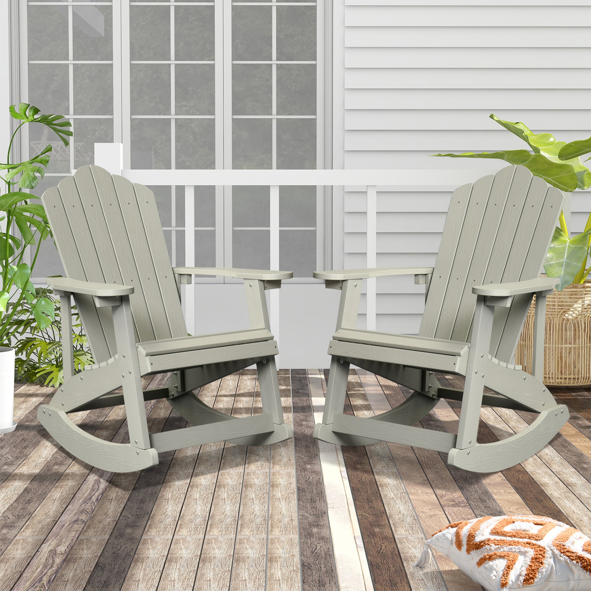Pouuin SFRC202A Set of 2 Light Gray Plastic Frame Adirondack Chair with Slat Seat