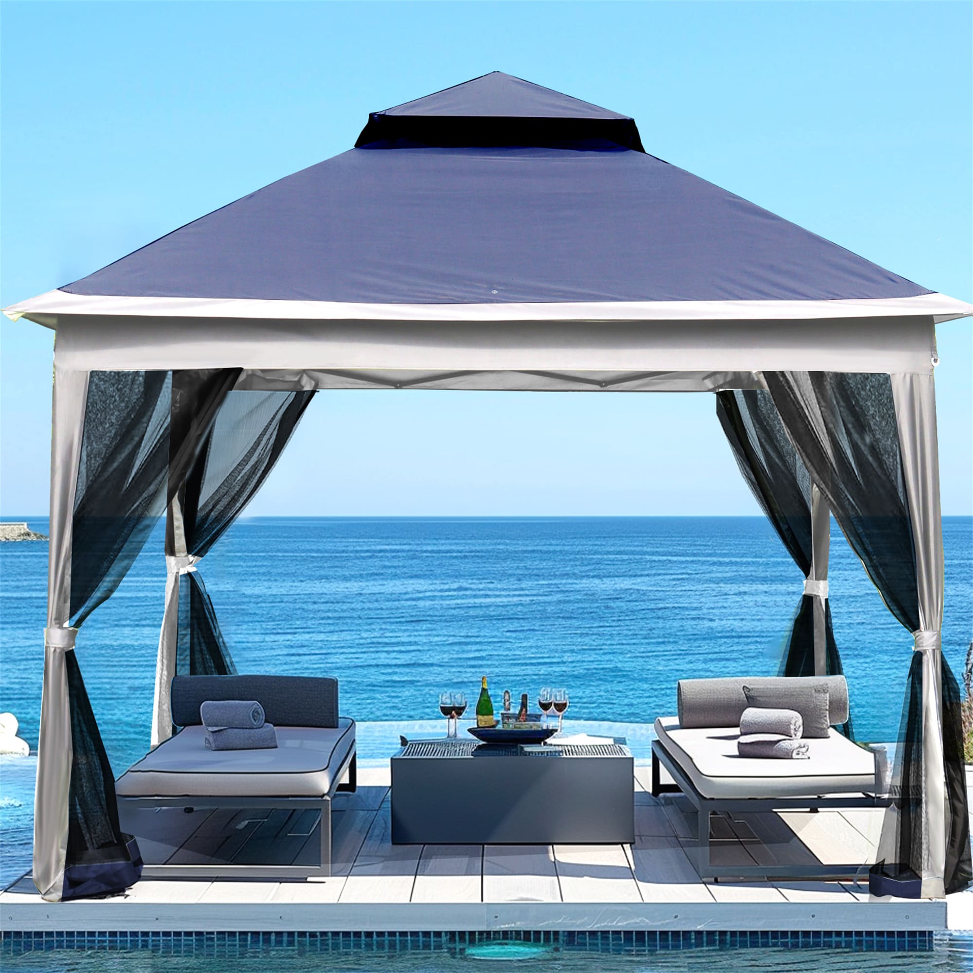BABOOM BOM-P168164-OR 11-ft x 11-ft Pop Up Gazebo Canopy Blue with Soft Top Roof (Screen Included)