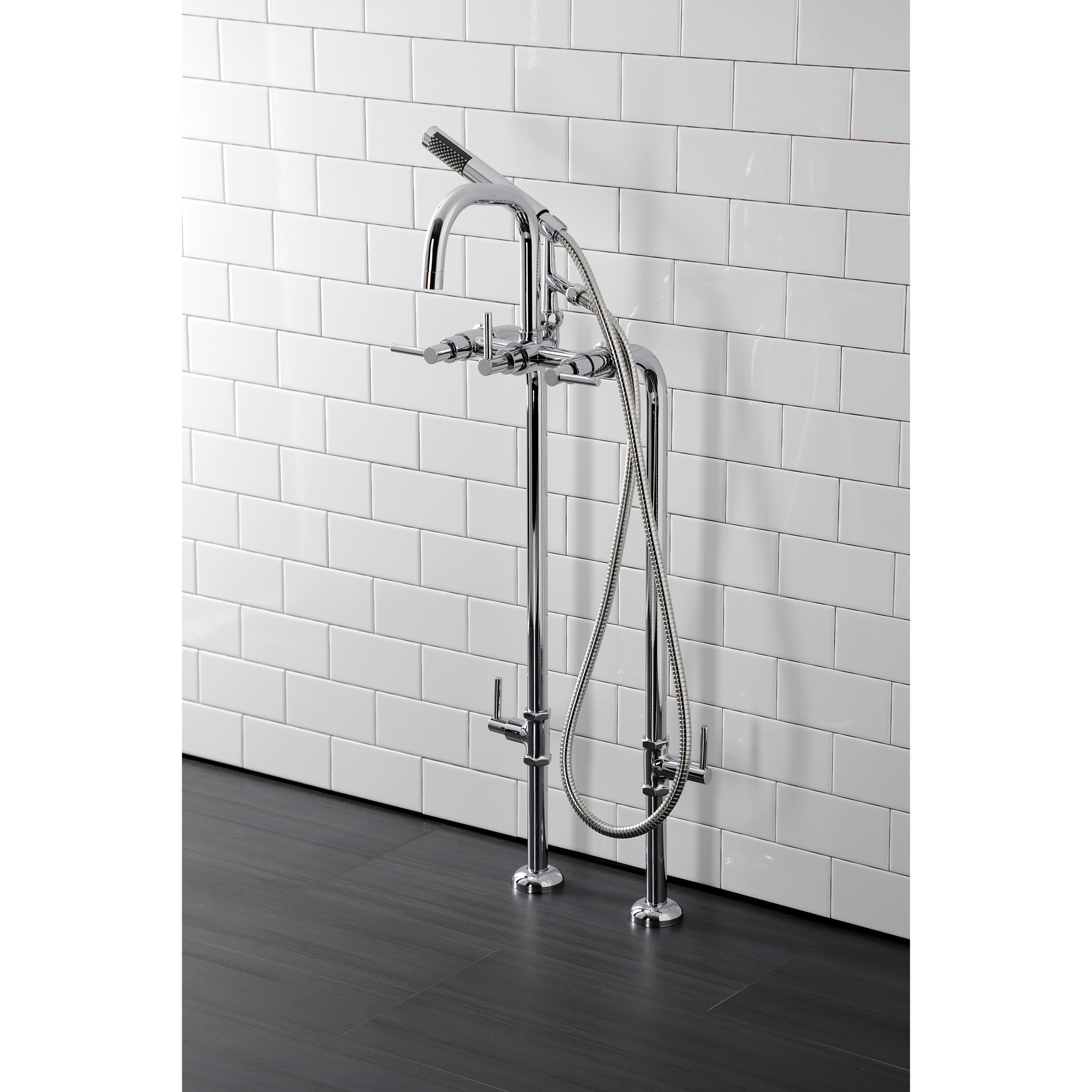 Kingston Brass WLCCK8401DL Concord Polished chrome 3-handle Freestanding High-arc Bathtub Faucet with Hand Shower ( Valve Included )