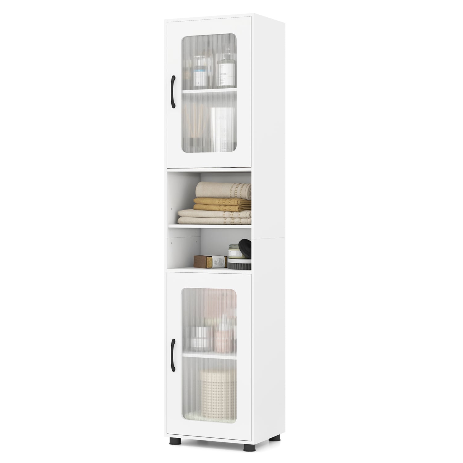 Volenca 67-in Tall Bathroom Storage Cabinet with Fluted Translucent Doors 2 Cabinets 2 Open Shelves and Anti-Tip Kit