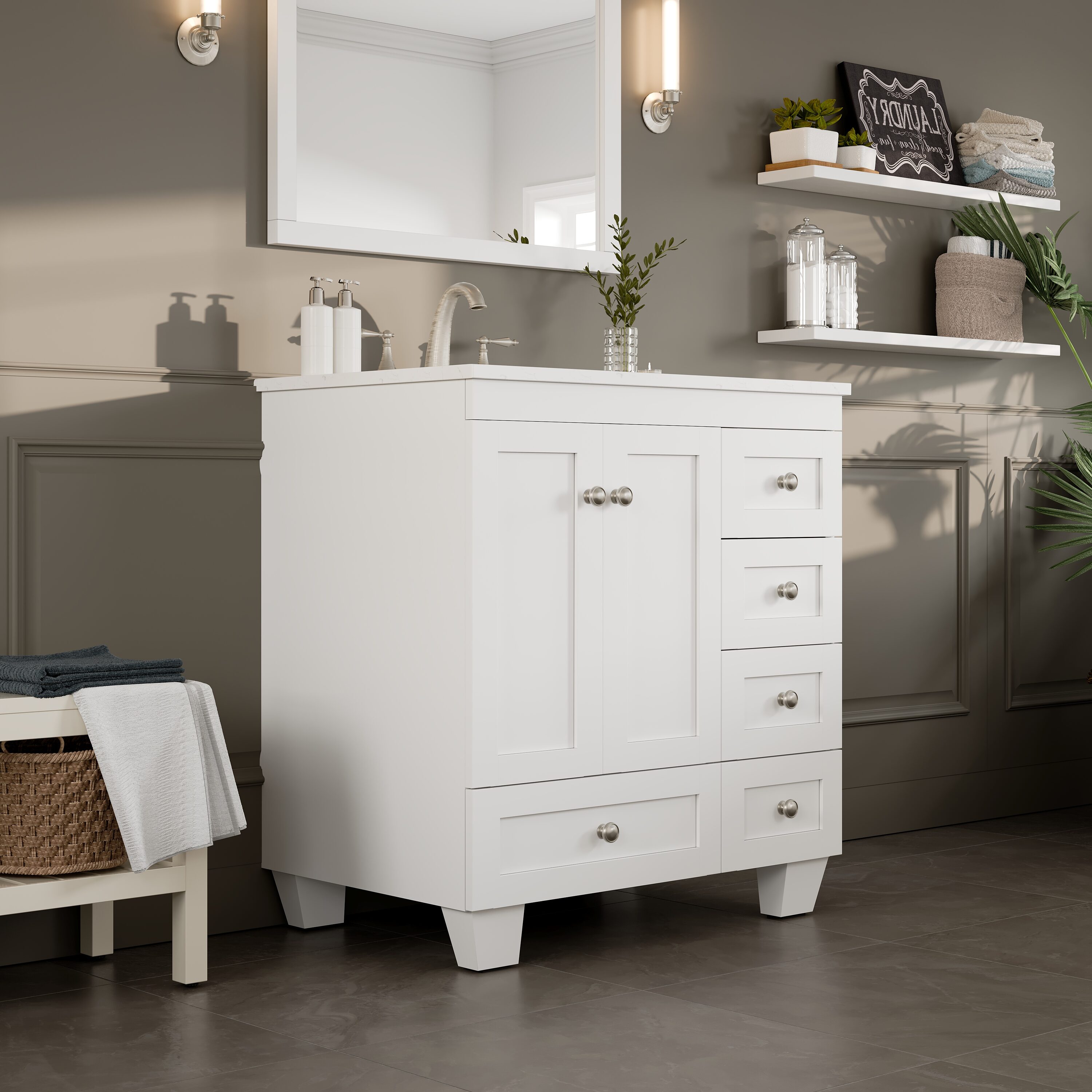 Eviva Acclaim 30" White Marble Bathroom Vanity with Porcelain Sink