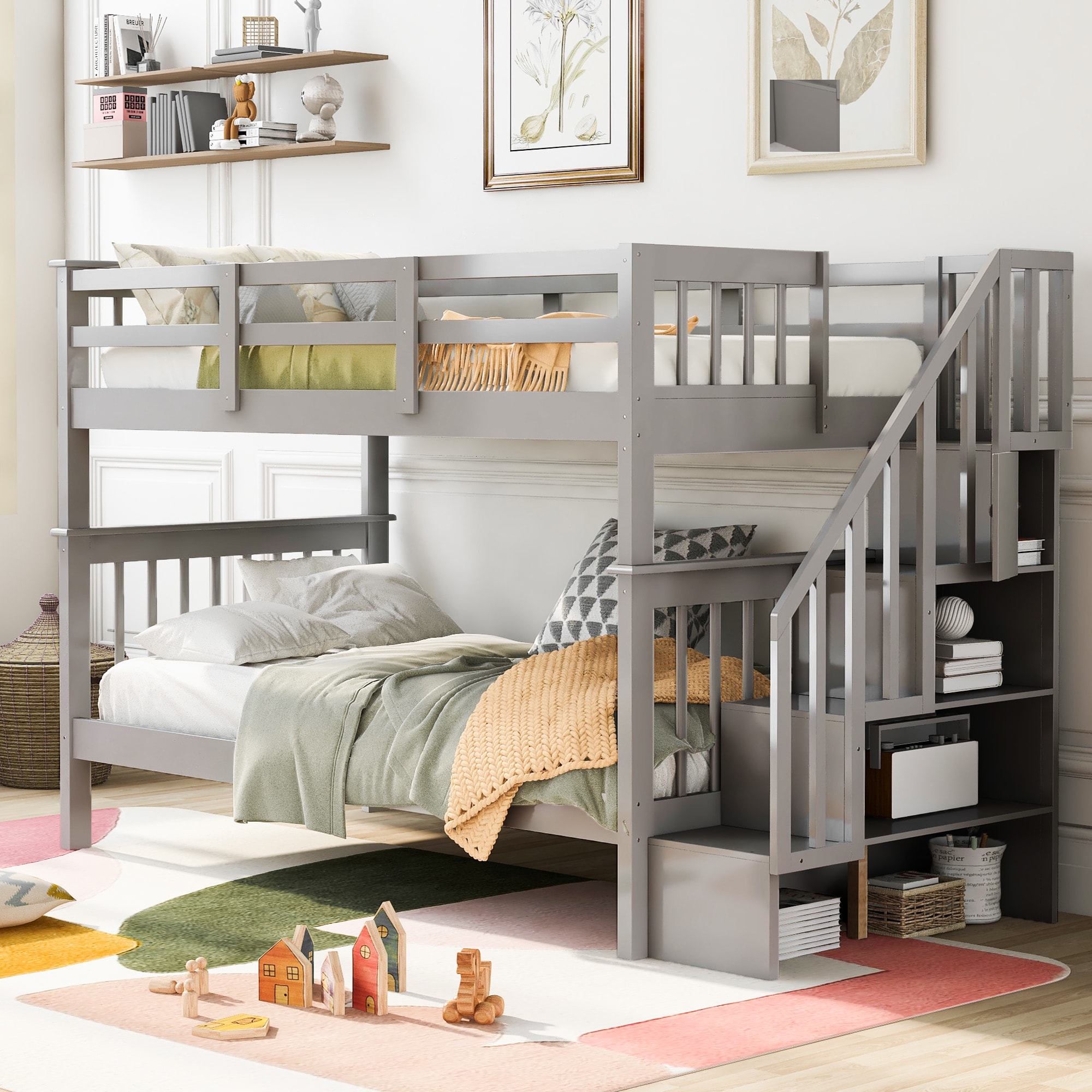 ModernLuxe LT000109AAE Stairway TwinOverTwin Bunk Bed with Storage and Guard Rail for Bedroom Dorm Gray color