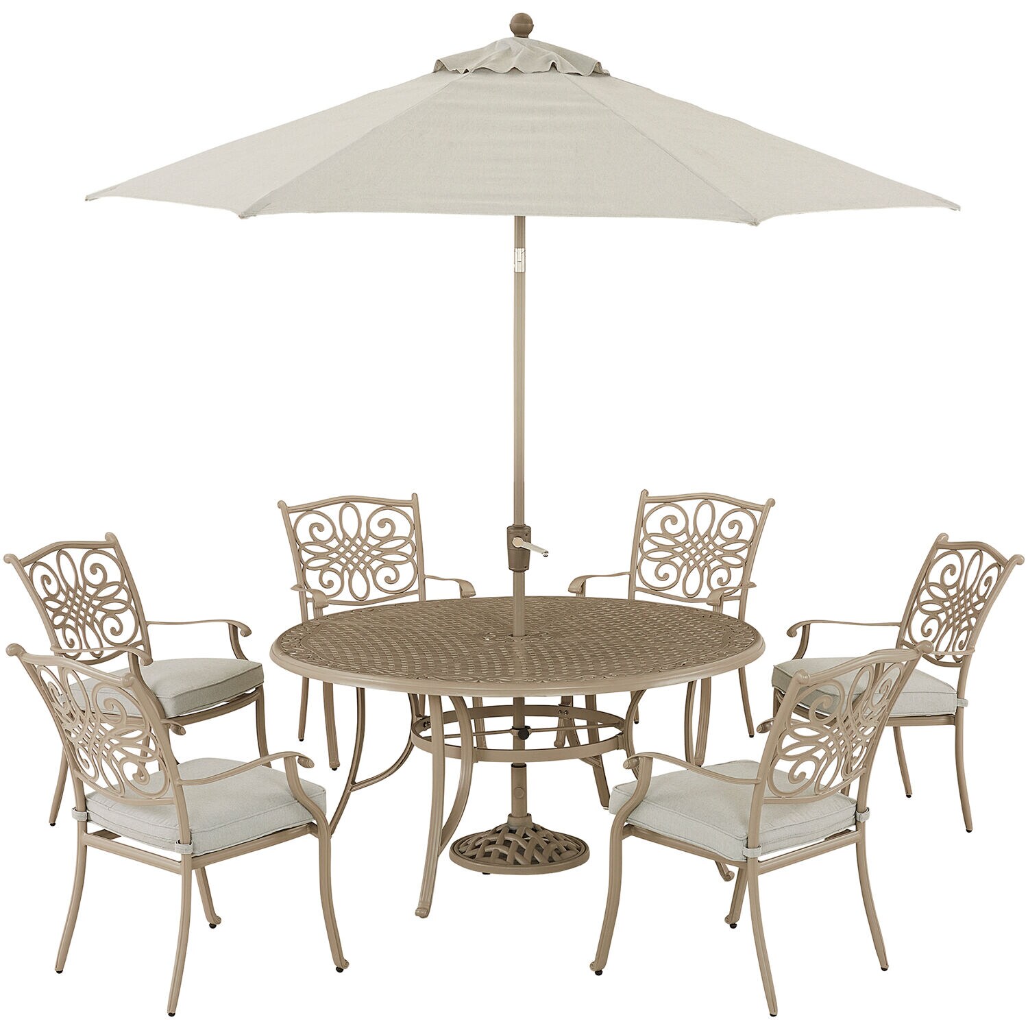 Hanover TRADDNS7PCRD-BE-SU Traditions with Umbrella 7-Piece Tan Patio Dining Set Aluminum Round Table with 6 Tan Cushions Stationary Chairs