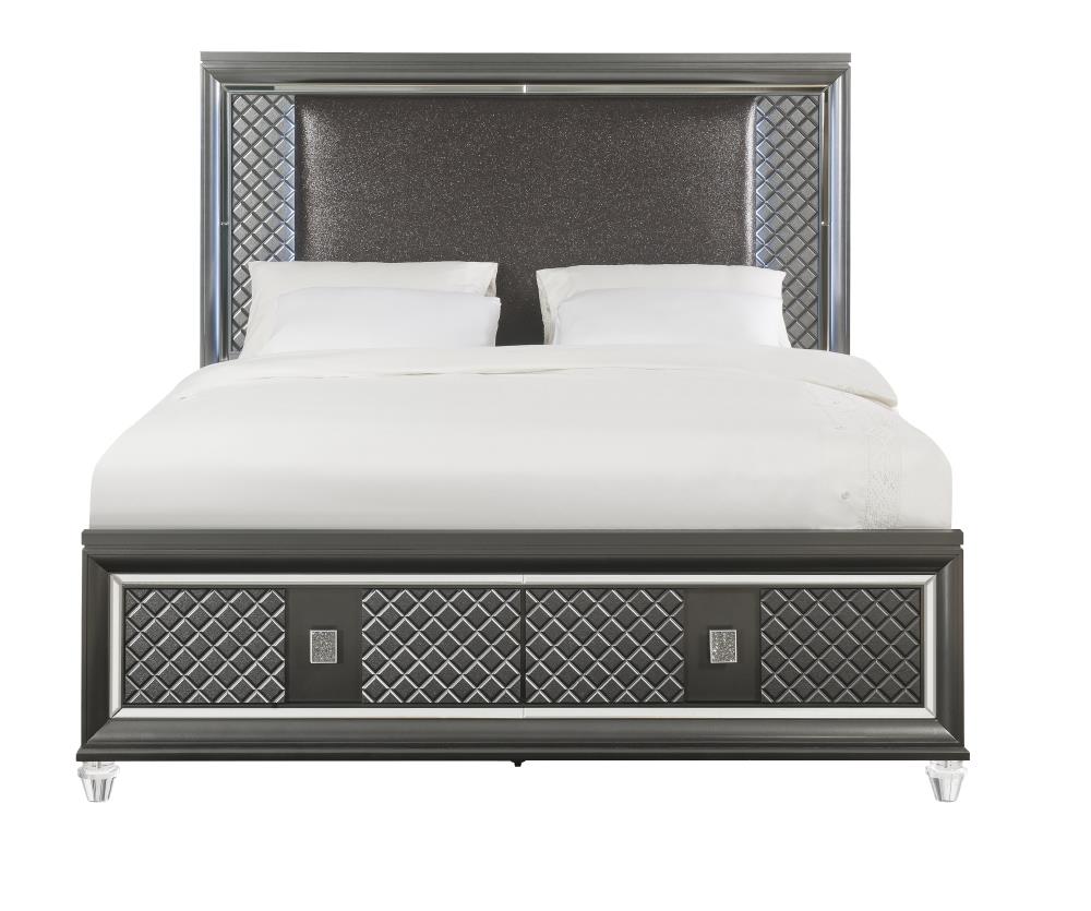 ACME FURNITURE 27967EK Sawyer Pu and Metallic Gray King Wood Upholstered Bed with Storage