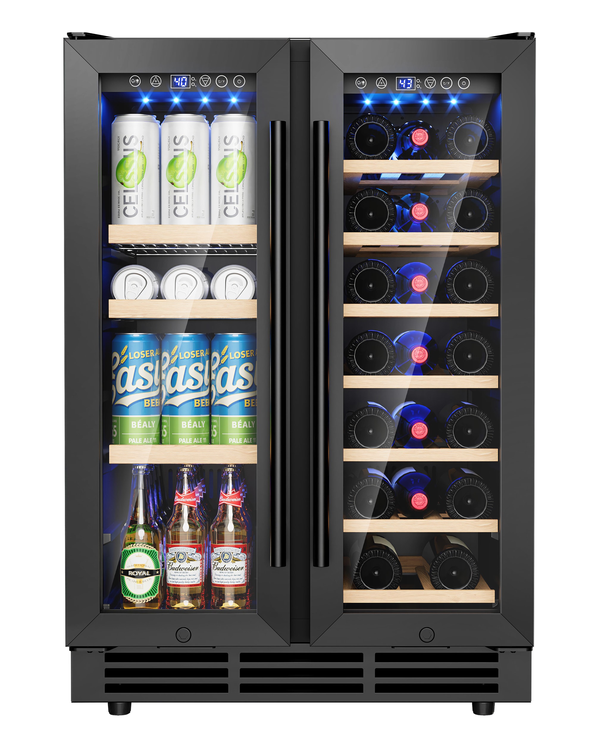 SIMZLIFE BR003-160BL-S-LS-SC 24-in 20-Bottle and 60-Can Dual Zone Black Built-in/Freestanding Beverage Refrigerator Wine Cooler with Double Layer Glass Door