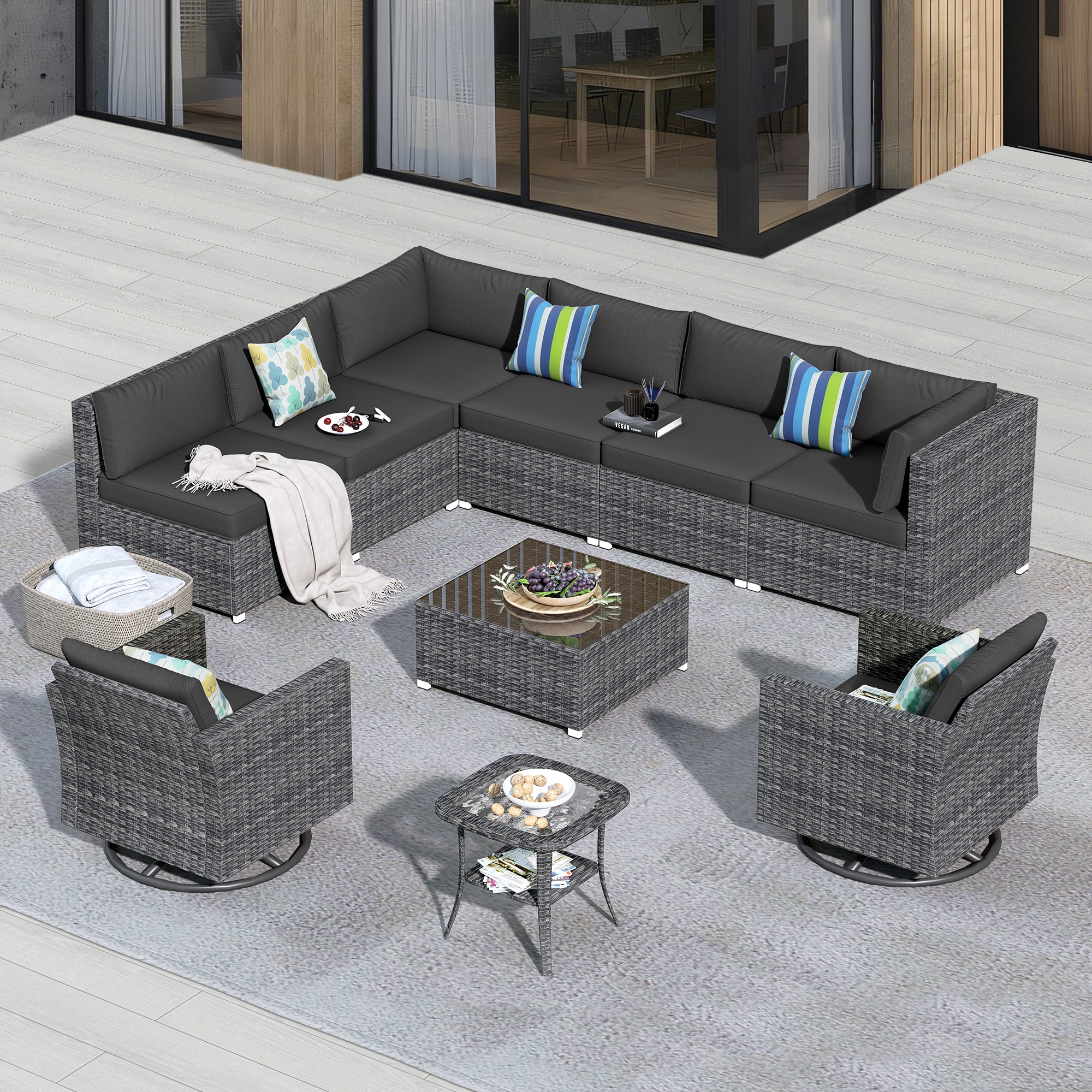 Pouuin SYZHOP108 Wicker Outdoor Sectional with Black Cushions and Wicker Frame