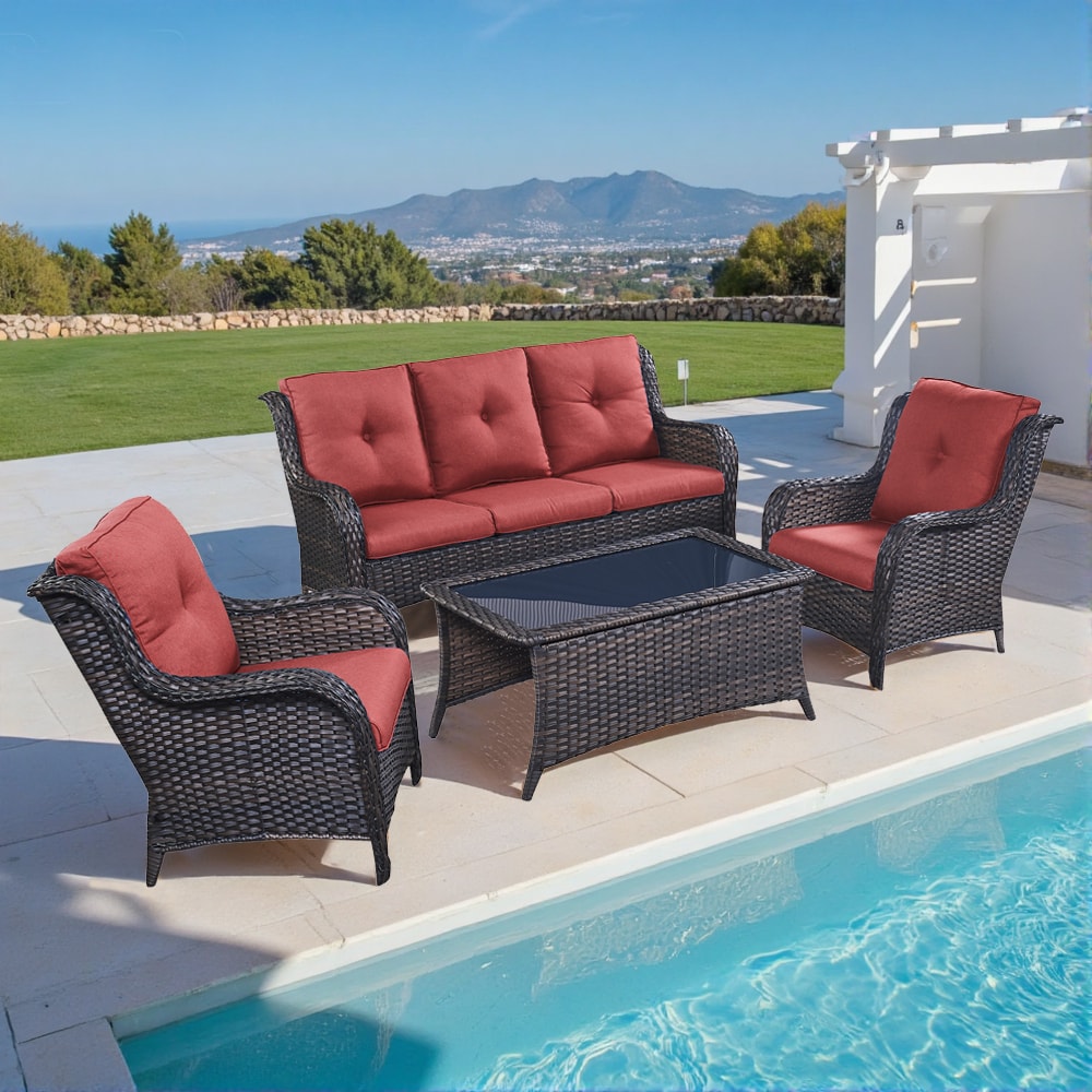 Pocassy PJ130618-4 Outdoor Conversation Set 4 -Piece Wicker Patio Sofa Conversation Set with Red Cushions