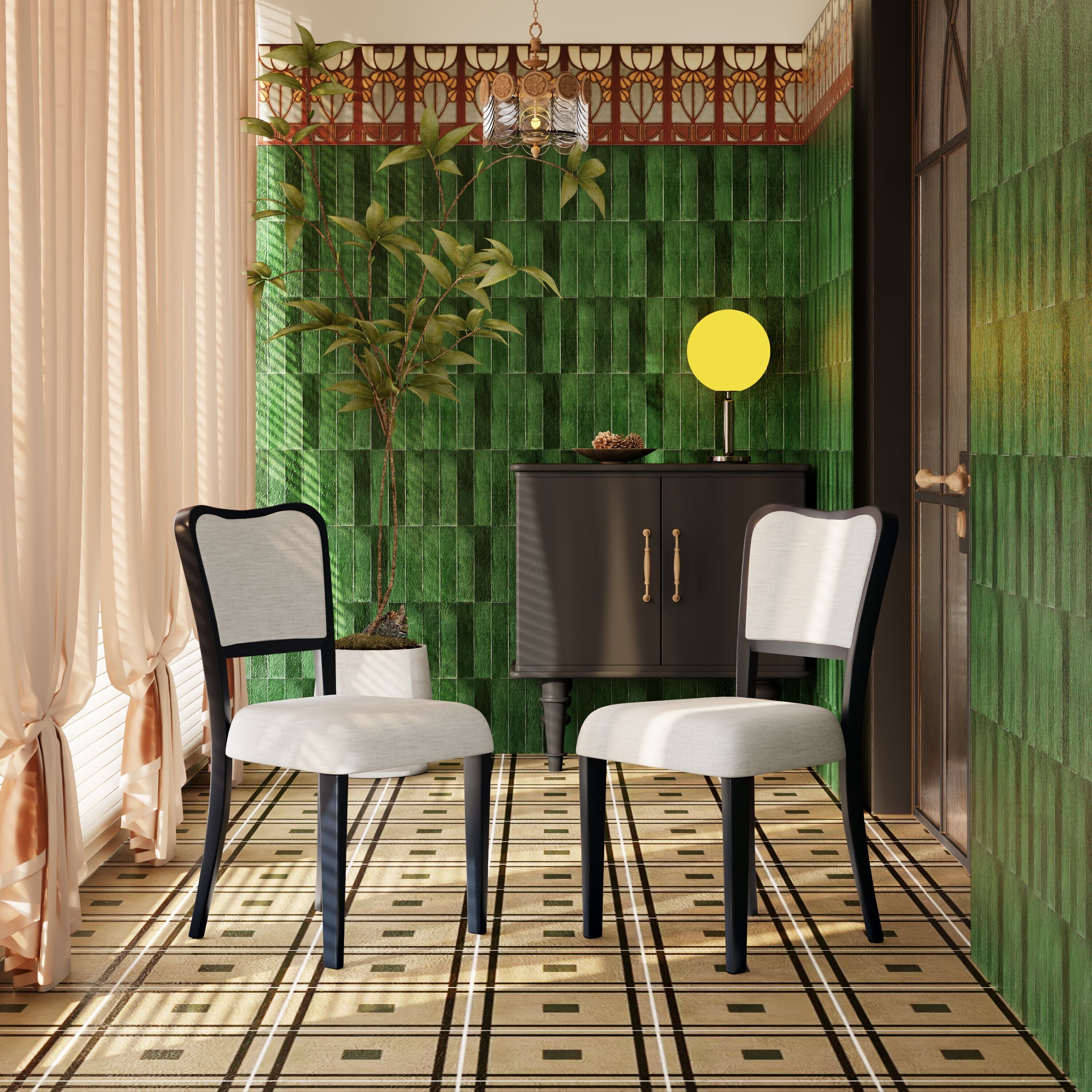 LOVMOR SF-M-N842P319127B Black Walnut Finish Upholstered Dining Chairs Set of 2 Traditional Elegant Fabric Side Chairs with Curved Lines Solid Hardwood Frame