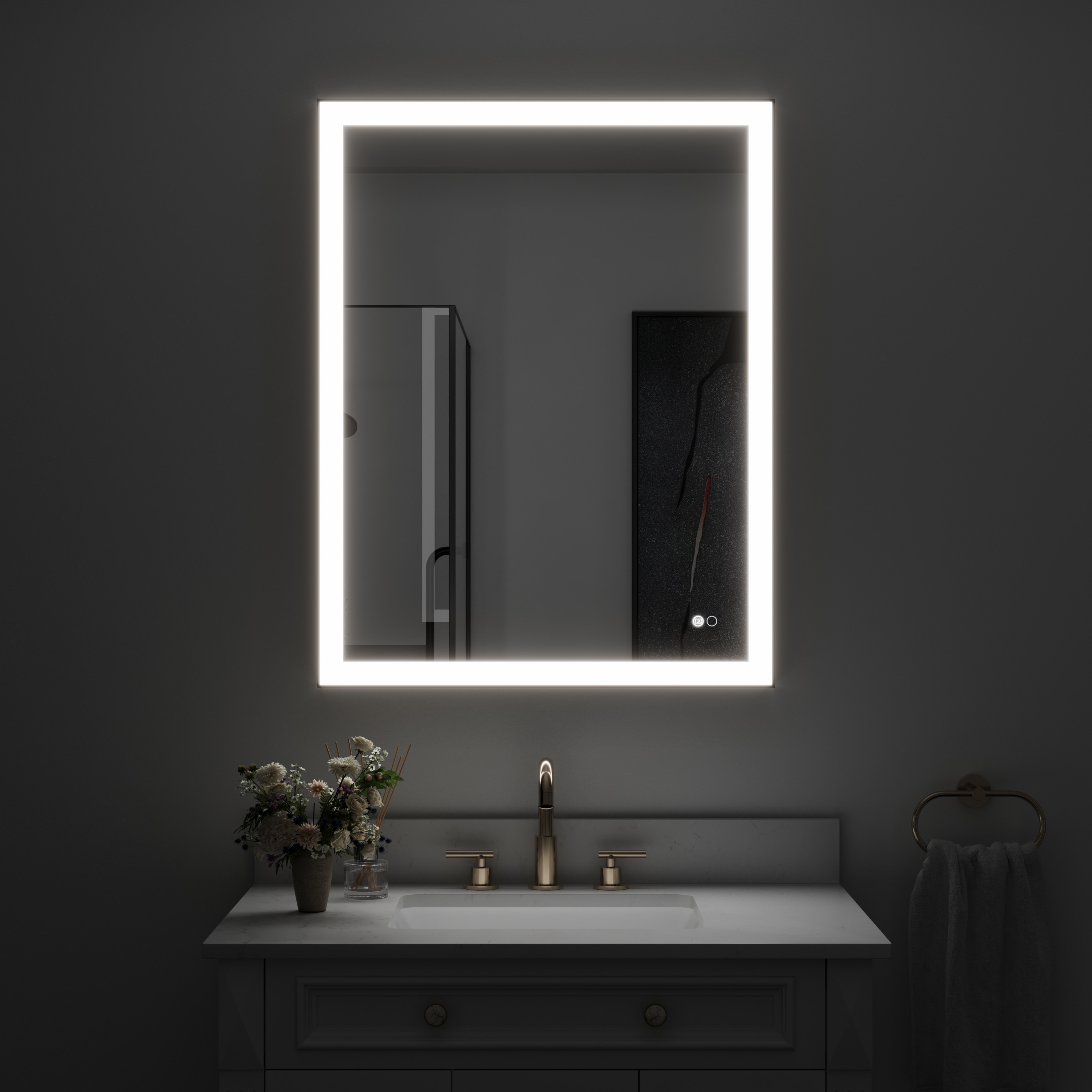 CALVON HML2836BL LED Mirror 28-in x 36-in Framed Rectangle Dimmable LED Lighted Fog Free Bathroom Vanity Mirror ( Matte Black )