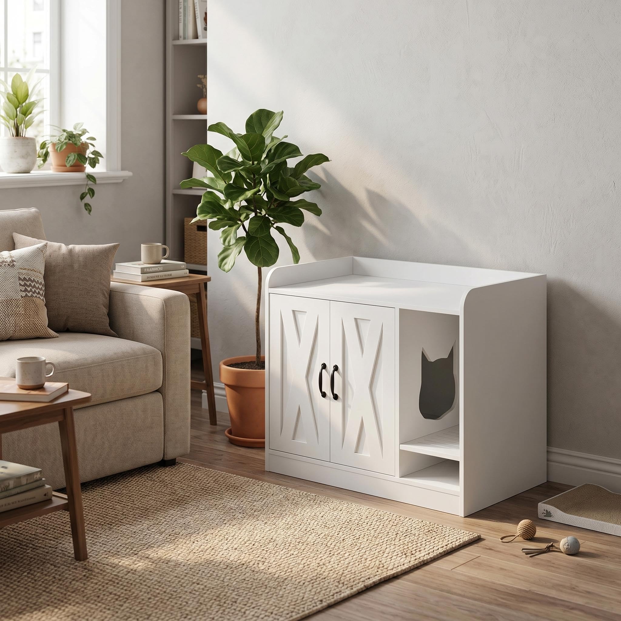 DEXSO - Cat Litter Box Enclosure Furniture Cabinet White