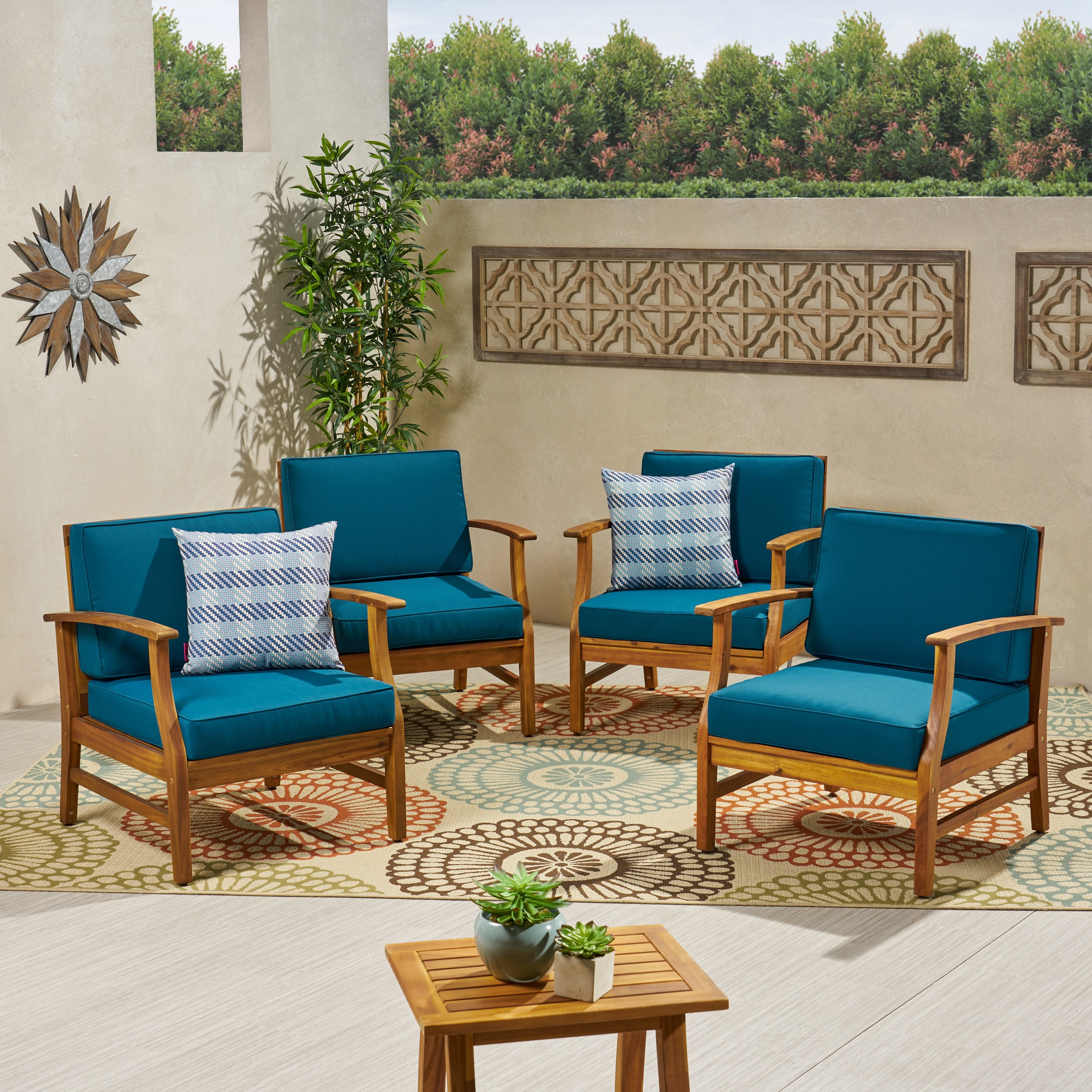 Christopher Knight Home 302226 Perla Outdoor Acacia Wood Club Chair with Cushion  Set of 4-Teak Finish + Blue