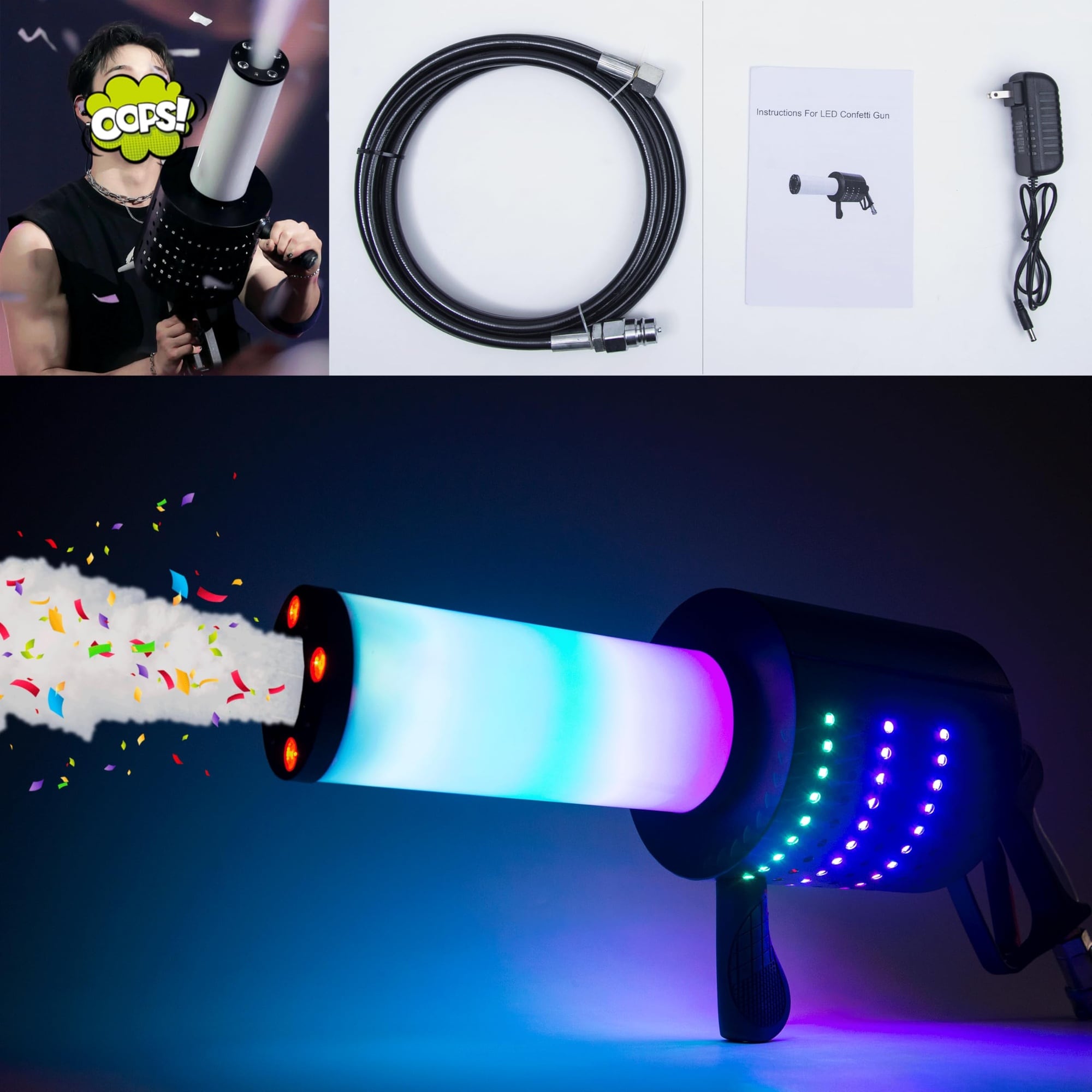 Ahfiwaso  Handheld CO2 Jet Confetti Machine LED CO2 Cannon Blaster Smoke Machine with RGB Lights Carbon Dioxide Gas Column Gun Stage Effect