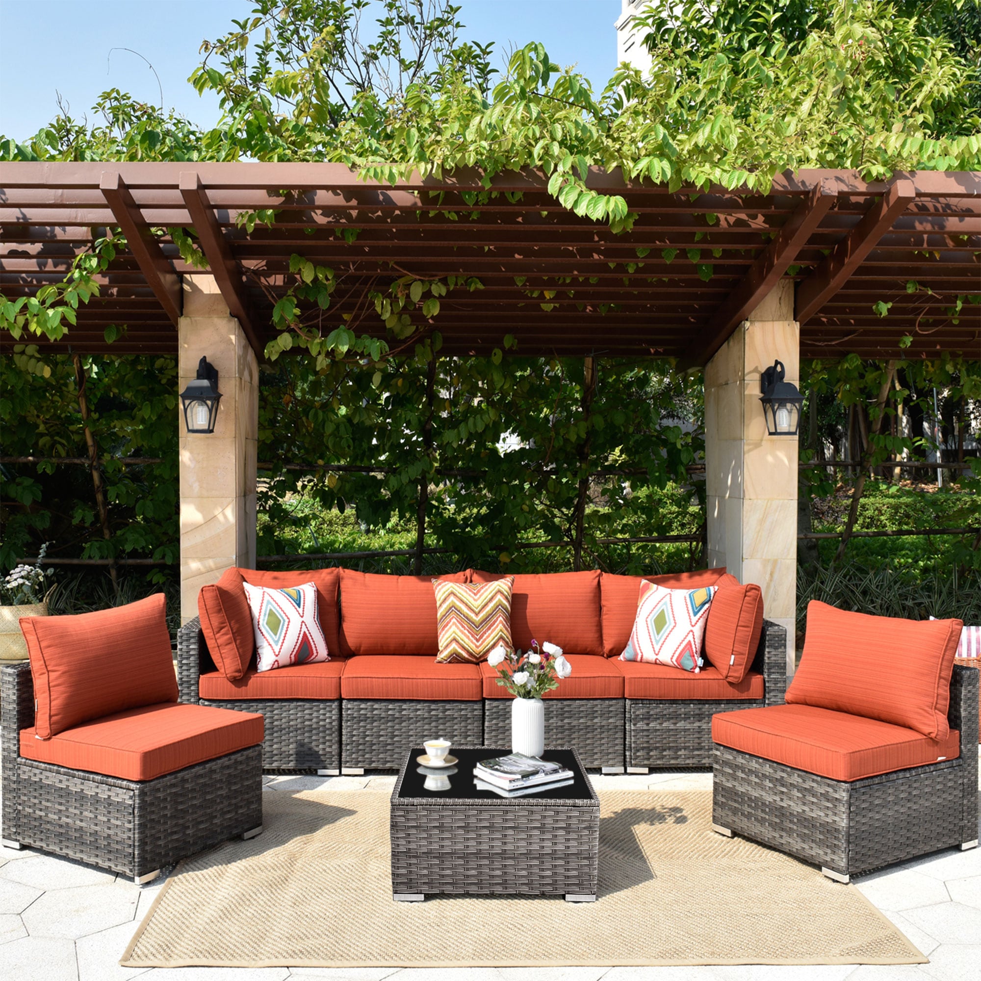 XIZZI HOP803 Libra 7 -Piece Rattan Patio Sofa Conversation Set with Orange Cushions