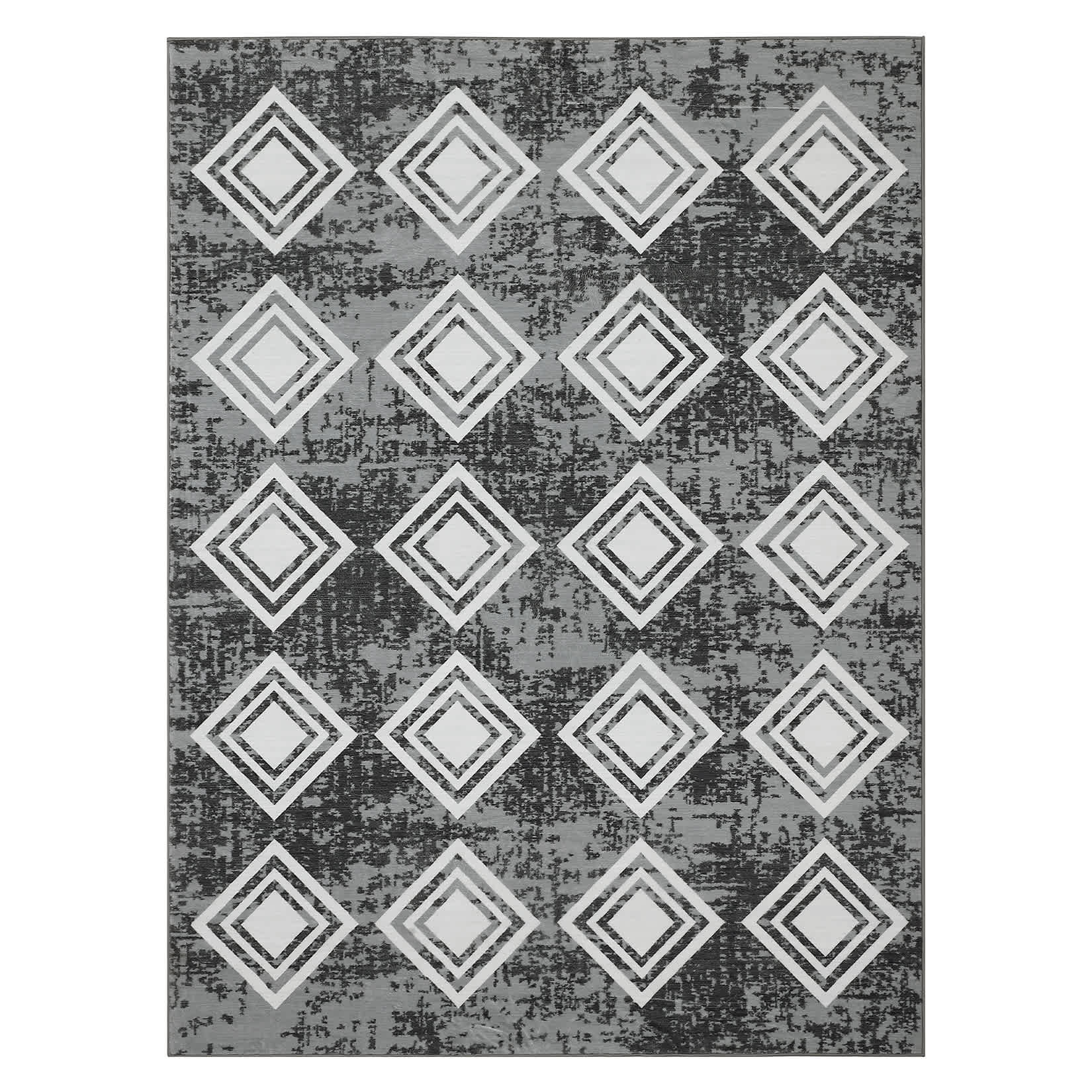 Qeetex LSN-PHO-118B71Y4 9 x 12 ft Polyester Imitation Cashmere Black Gray Rectangular Hallway Bathroom Entryway Kitchen Office Foldable Geometric Printed Modern Washable Area Rug