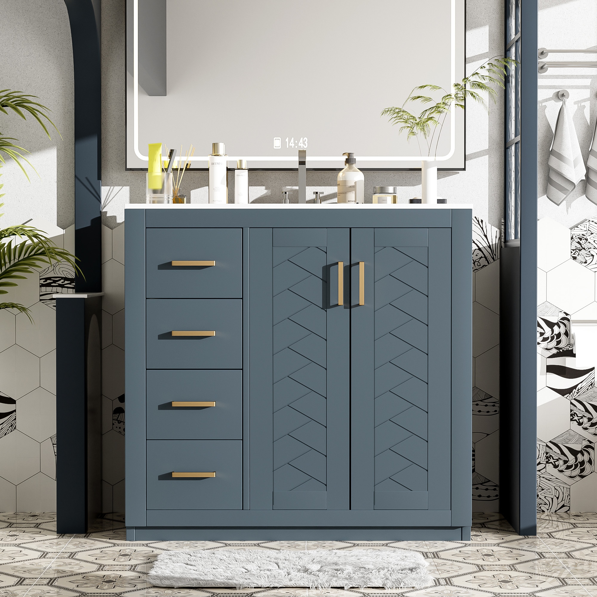 AAZJ Bathroom Vanities with Top 36-in Blue Undermount Single Sink Bathroom Vanity with White Ceramic Top