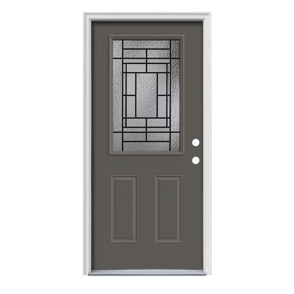 JELD-WEN LOWOLJW230300434 Pembrook 36-in x 80-in x 4-9/16-in Steel Half lite Left-hand inswing Steele Gray Painted Prehung Front Door with Brickmould Insulating core