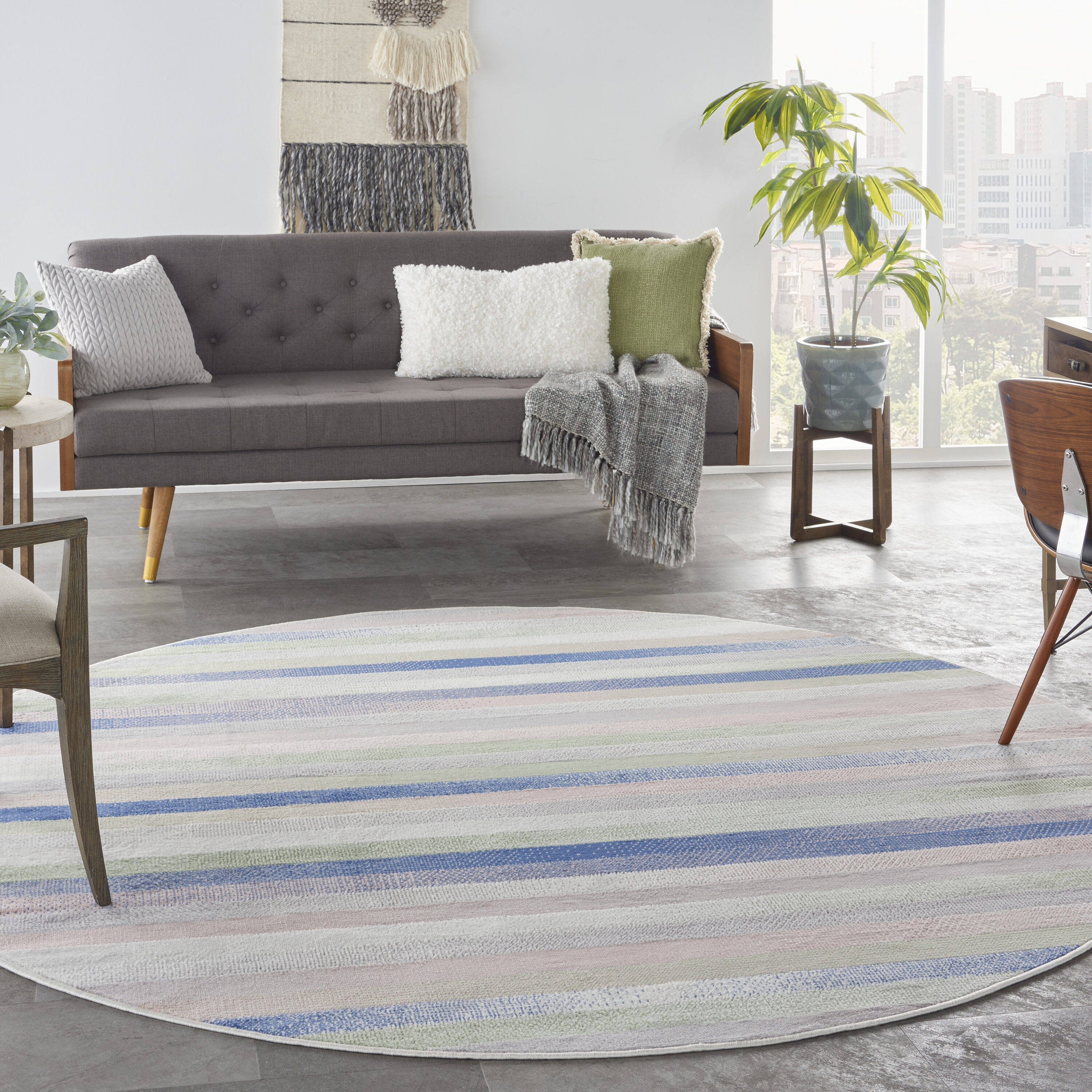 Nourison 99446833846 Whimsicle 8 x 8 (ft) Loomed Polypropylene Ivory Multicolor Round Indoor Stripe Area rug